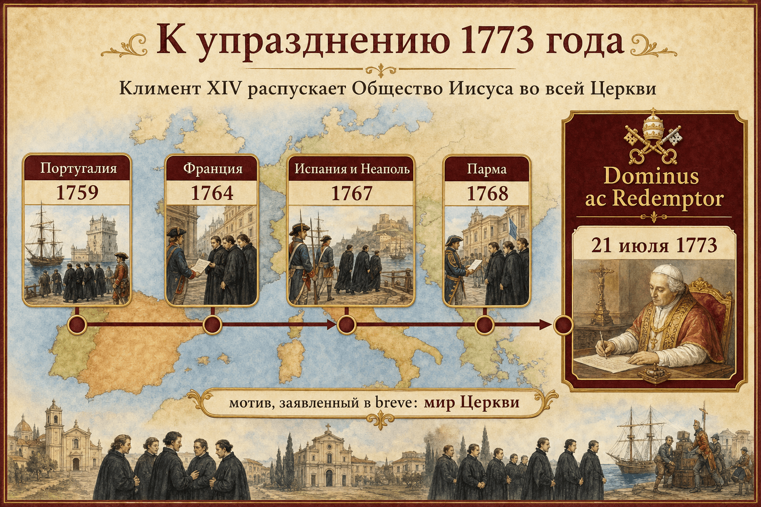 Русская инфографика Ignispedia об упразднении Общества Иисуса в 1773 году: карта и линия expulsions от Португалии 1759 до Франции 1764, Испании и Неаполя 1767, Пармы 1768 и бреве Dominus ac Redemptor.