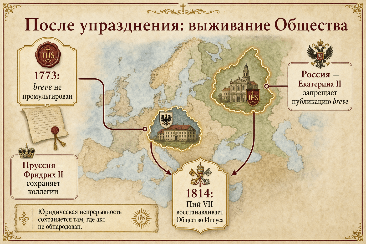 Русская инфографика Ignispedia о выживании Общества Иисуса в России и Пруссии после 1773 года, вплоть до всеобщего восстановления Пием VII в 1814 году.