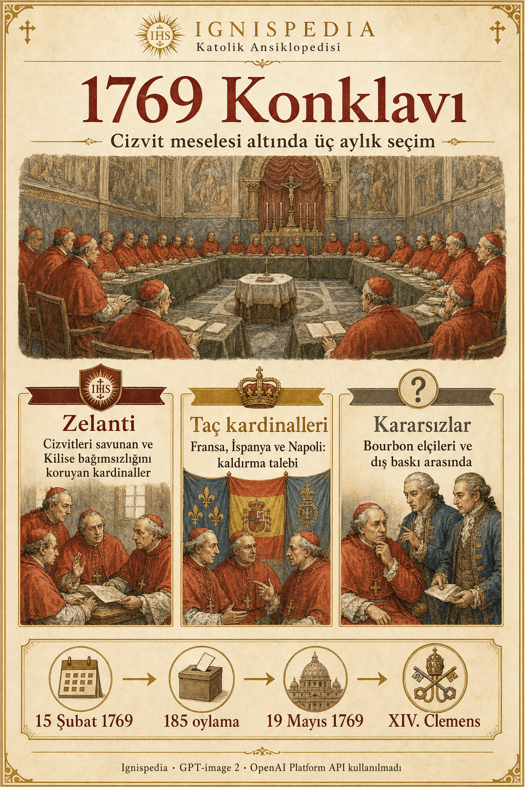 1769 konklavını açıklayan Ignispedia infografiği: Cizvitlere destek veren zelanti kardinaler, kaldırılmasını isteyen Bourbon saraylarının kardinalleri ve baskı altındaki kararsızlar.