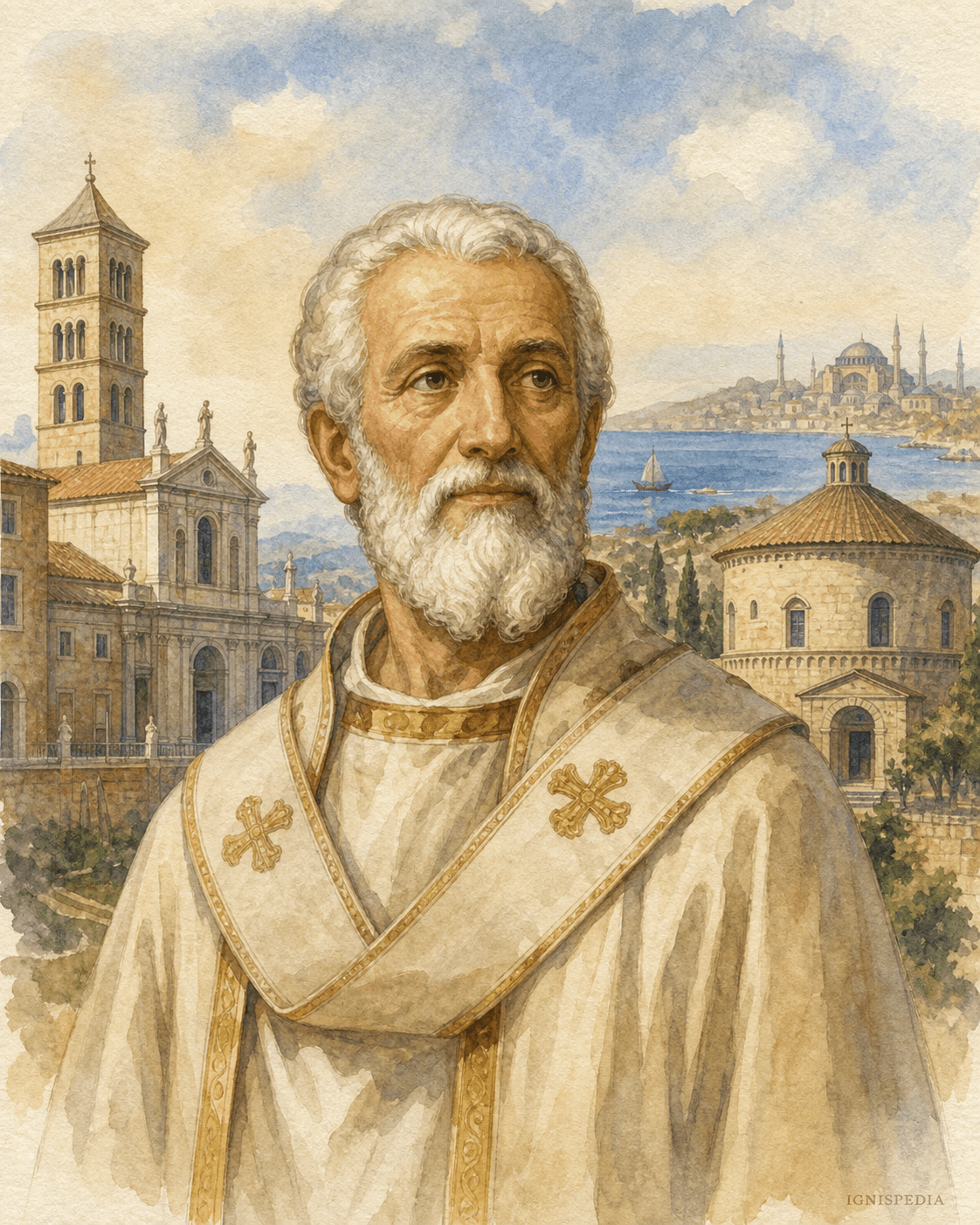 Ilustración en acuarela del papa Conón entre el Letrán, San Esteban el Redondo y la Sicilia bizantina