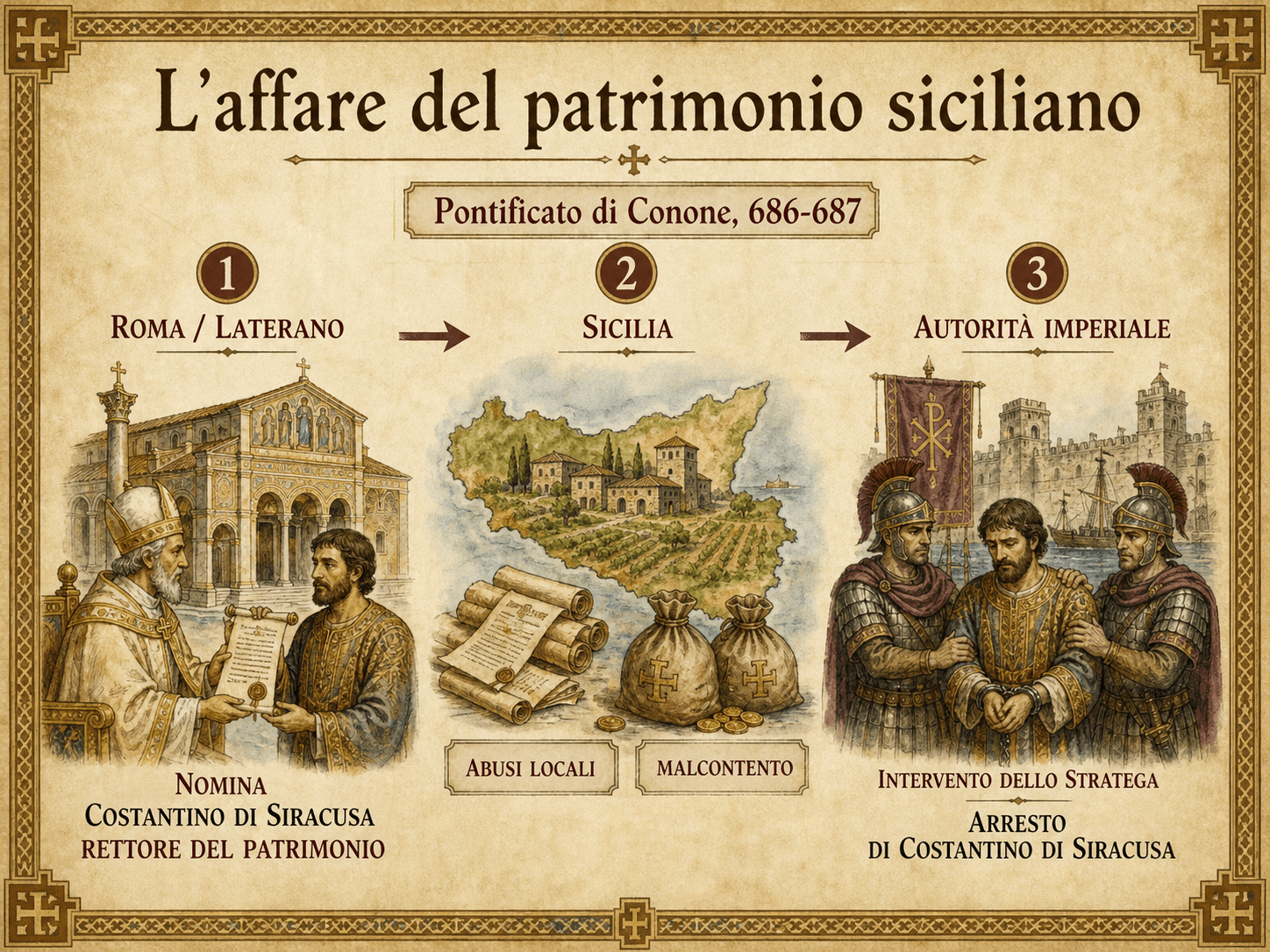 Infografica in quattro fasi sull'affare del patrimonio siciliano sotto papa Conone