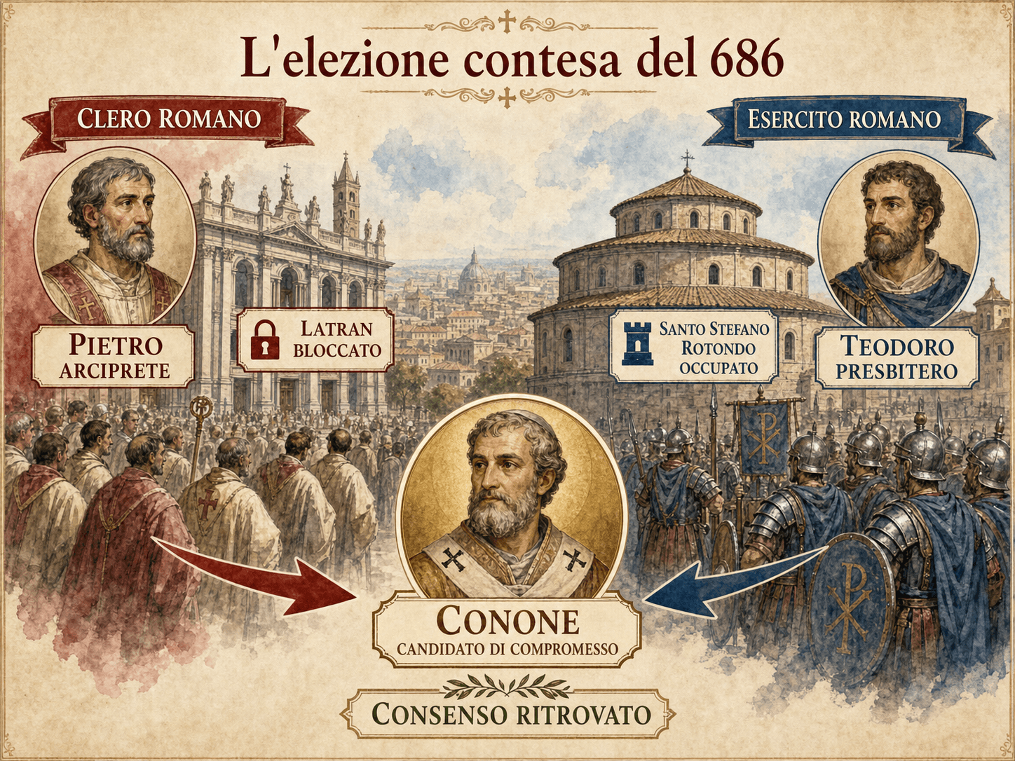 Infografica dell’elezione contestata del 686 che oppone il Laterano e Santo Stefano Rotondo prima del compromesso Conone