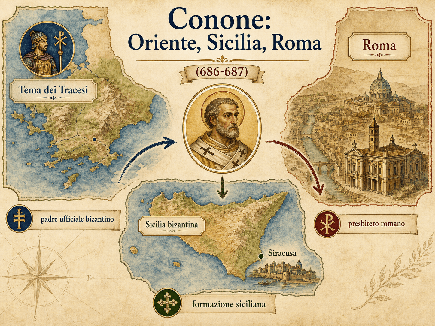 Infografica che mostra il percorso di Conone dal tema dei Tracesiani verso Siracusa e poi Roma