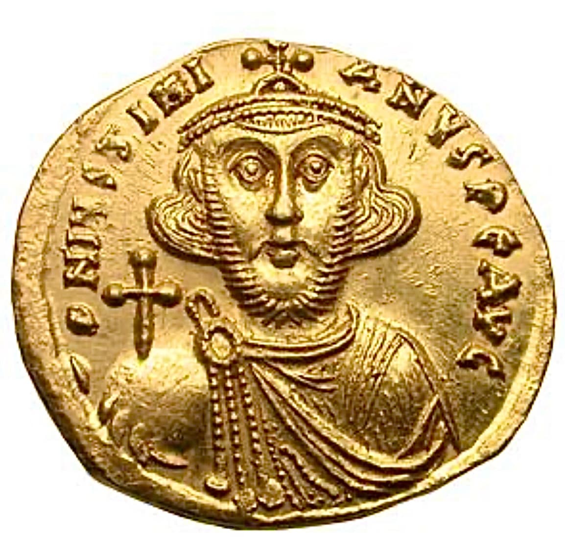 Solidus de oro de Justiniano II del primer reinado (685-695), moneda bizantina circulante en la época de Conón