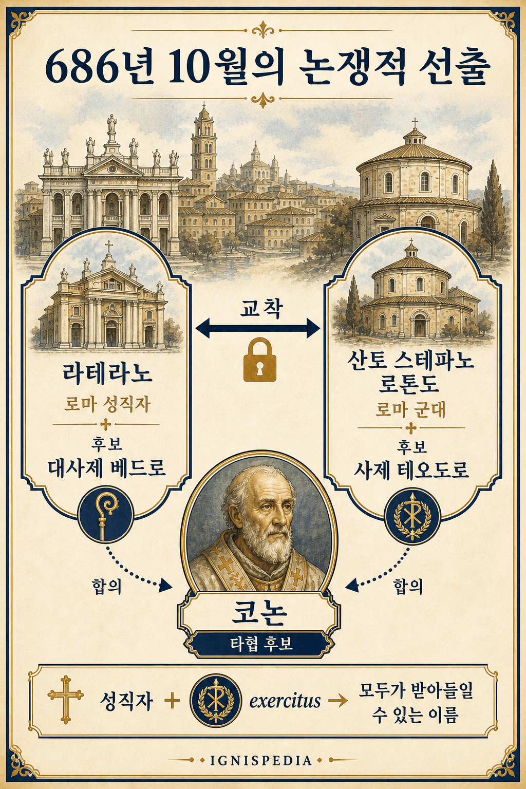686년 논쟁적 선출을 보여주는 인포그래픽, 라테라노와 성 스테파노 원형 대성전 대립과 코논 타협 전