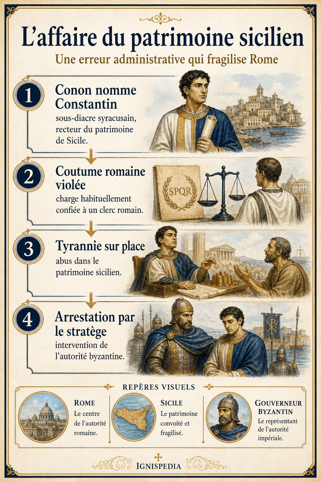 Infografia em quatro etapas sobre o caso do património siciliano sob o papa Conão