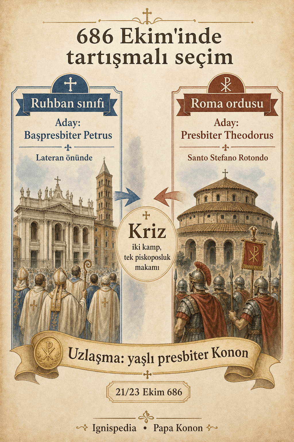 Konon uzlaşmasından önce 686 tartışmalı seçiminde Lateran ve Aziz Stefan Rotondo arasındaki çekişmeyi gösteren infografik