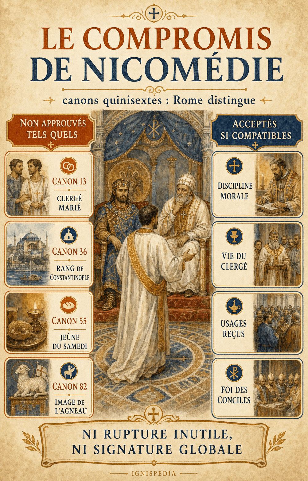 Infographie Ignispedia : le compromis de Nicomédie sur les canons quinisextes