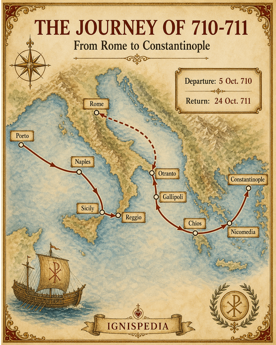 Ignispedia map of Pope Constantine's journey from Rome to Constantinople in 710-711