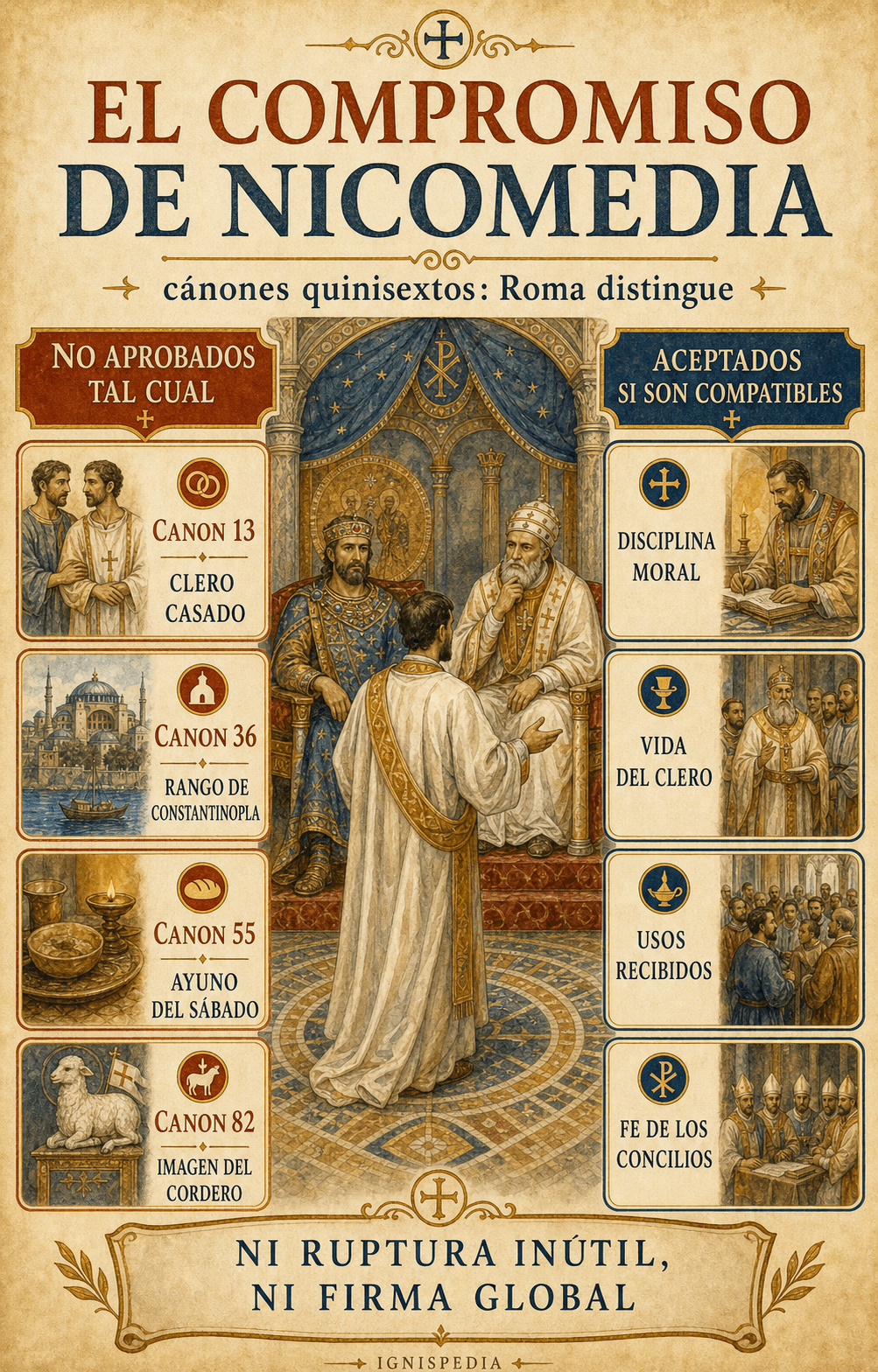 Infografía de Ignispedia: el compromiso de Nicomedia sobre los cánones del Quinisexto