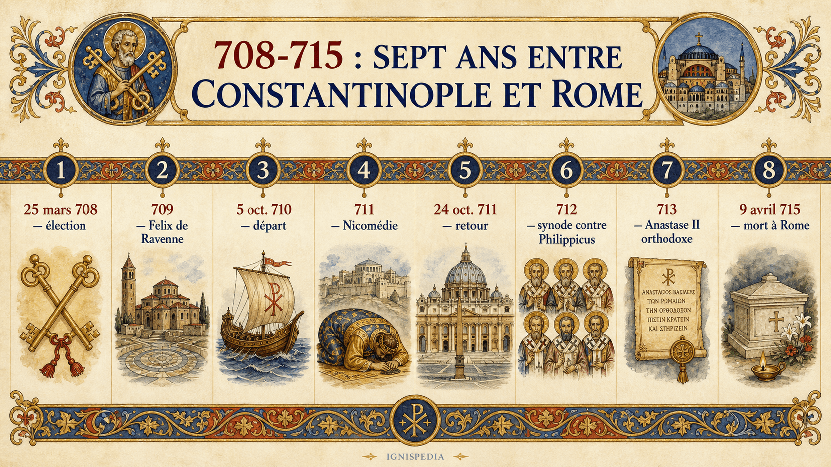 Frise Ignispedia du pontificat du pape Constantin de 708 à 715