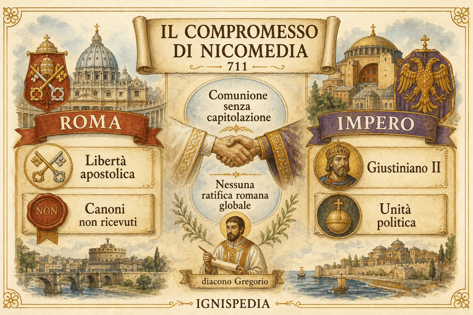 Infografica di Ignispedia: il compromesso di Nicomedia sui canoni del quinsesto