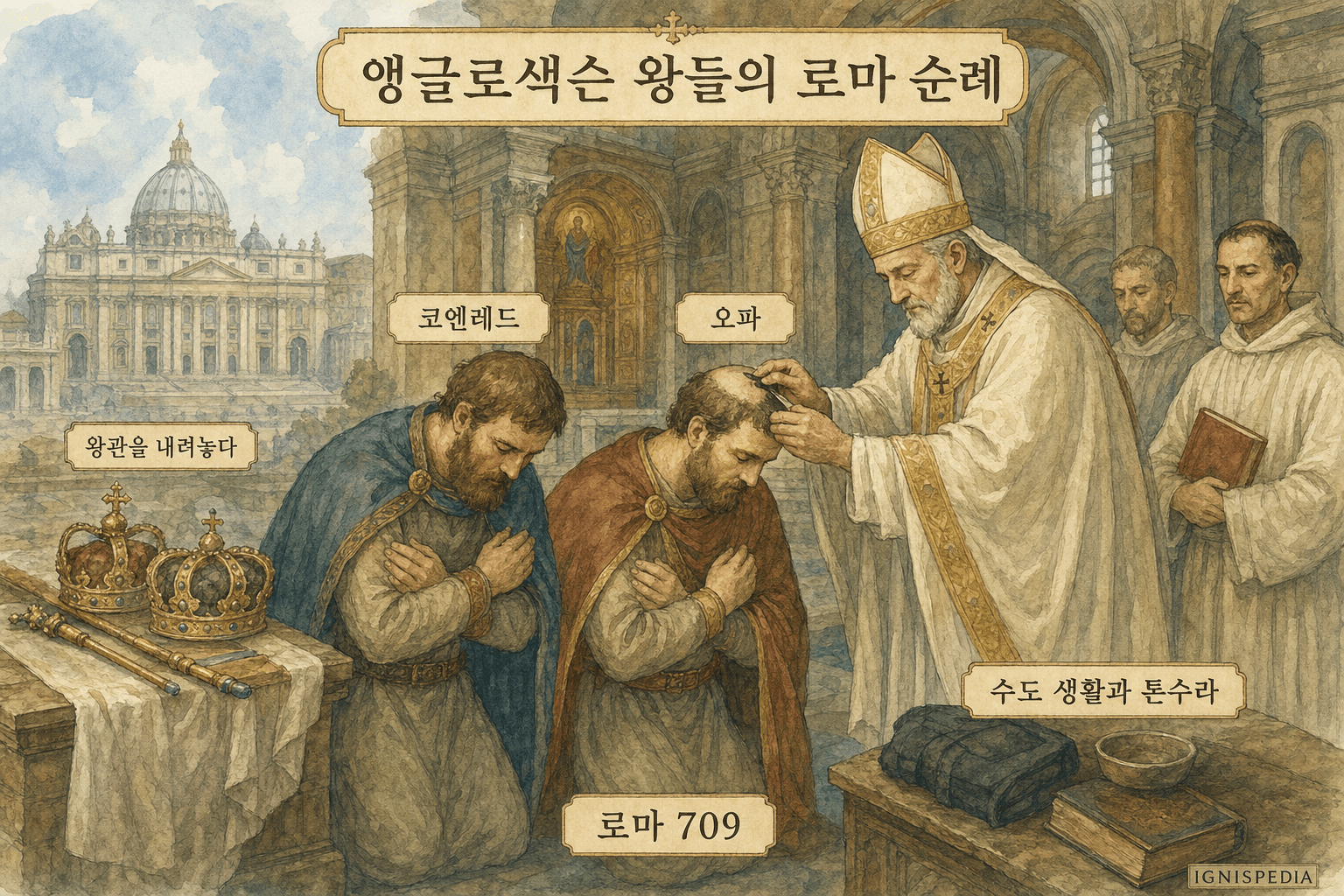 머시아의 코엔레드와 에식스의 오파가 교황 콘스탄티누스 시대에 로마에서 톤수라를 받다