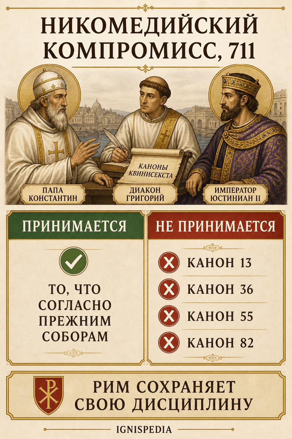 Инфографика Ignispedia: Никомедийский компромисс по пятишестным канонам