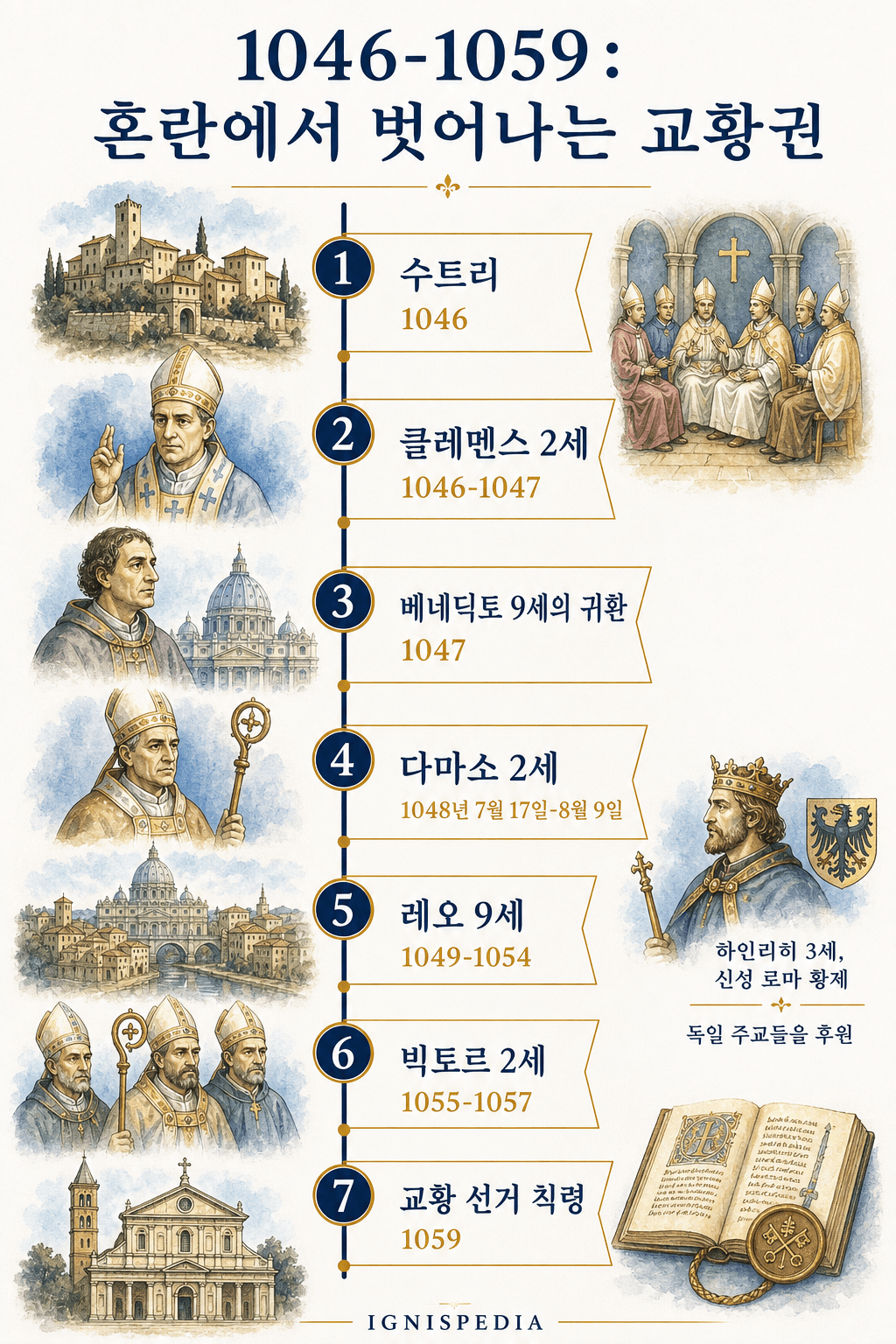 1046년부터 1059년까지 수트리, 클레멘스 2세, 베네딕토 9세의 귀환, 다마소 2세, 레오 9세, 빅토르 2세와 1059년 교황 선거 칙령을 보여 주는 한국어 연대표 인포그래픽