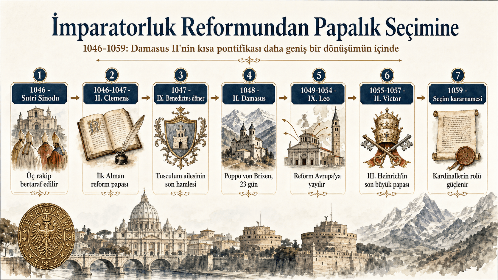 1046-1059 kronolojik infografiği: Sutri, II. Clemens, IX. Benedictus'un dönüşü, II. Damasus, IX. Leo, II. Victor ve 1059 papalık seçim kararnamesi