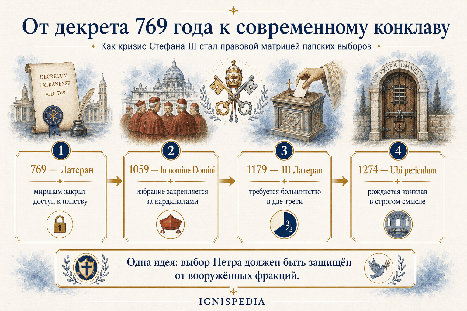 Инфографика Ignispedia, показывающая генеалогию избирательного декрета 769 года до современного конклава