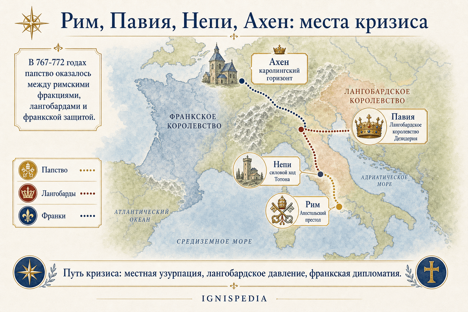 Карта Ignispedia, показывающая Рим, Непи, Павию и Ахен в кризисе понтификата Стефана III