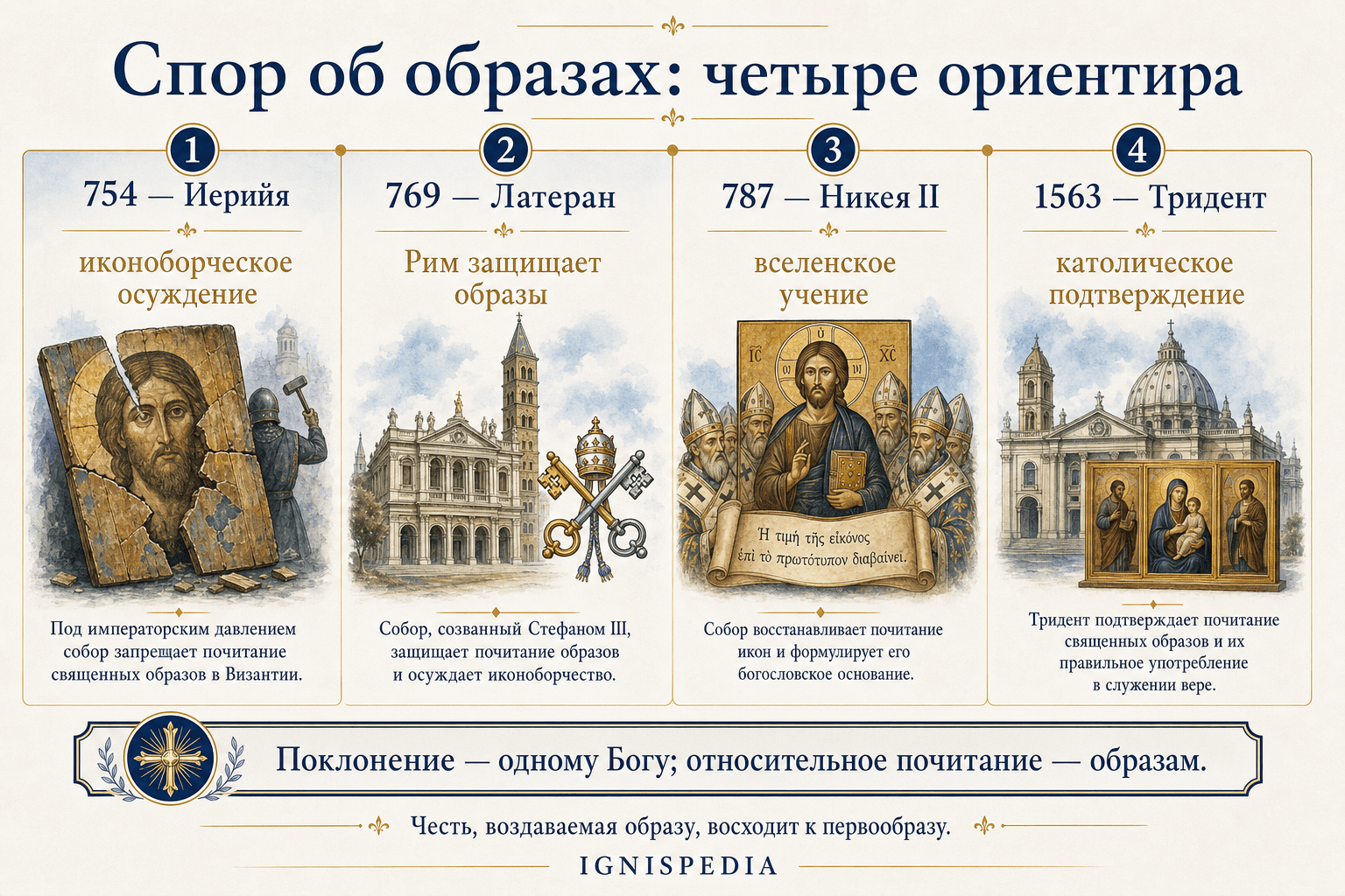 Инфографика Ignispedia о Иерии 754, Латеране 769, Никее II 787 и Триденте 1563 в споре об иконах