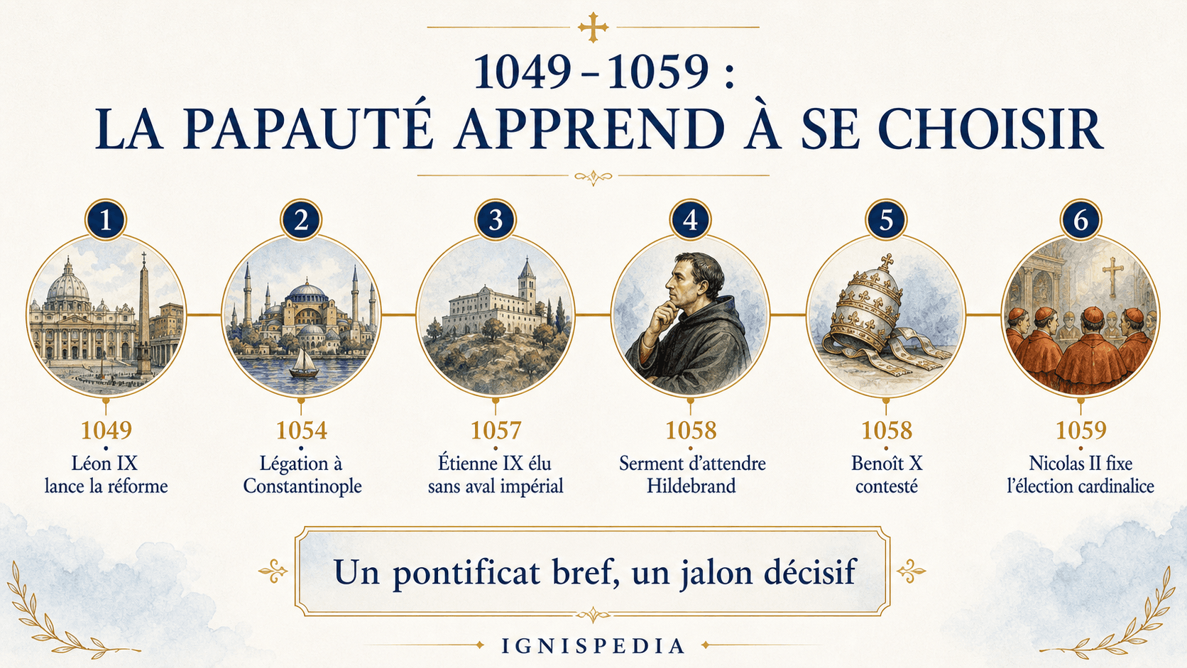 Infographie chronologique 1049-1059 : Léon IX, schisme de 1054, Victor II, Étienne IX, antipape Benoît X, Nicolas II et le décret électoral de 1059