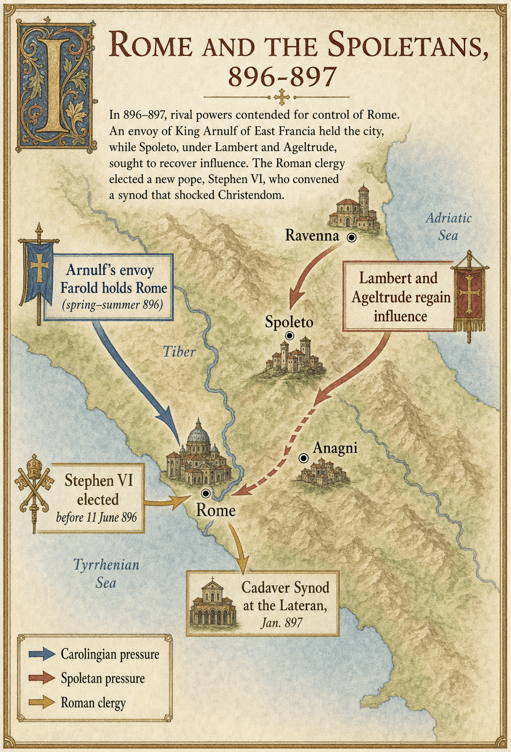Infographic map of Rome, Anagni, Ravenna and Spoleto in 896-897
