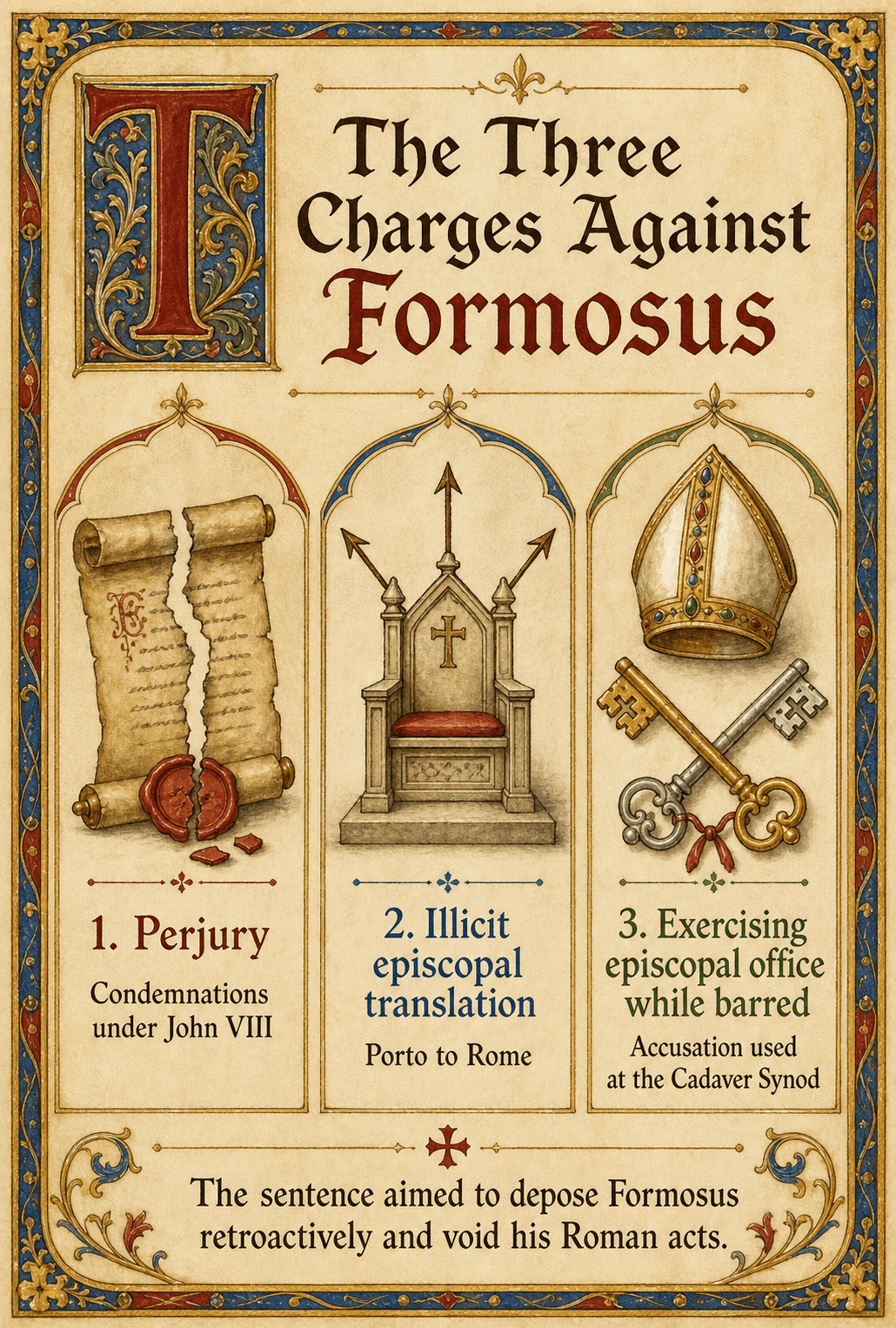 Infographic of the three charges of the Cadaver Synod against Formosus
