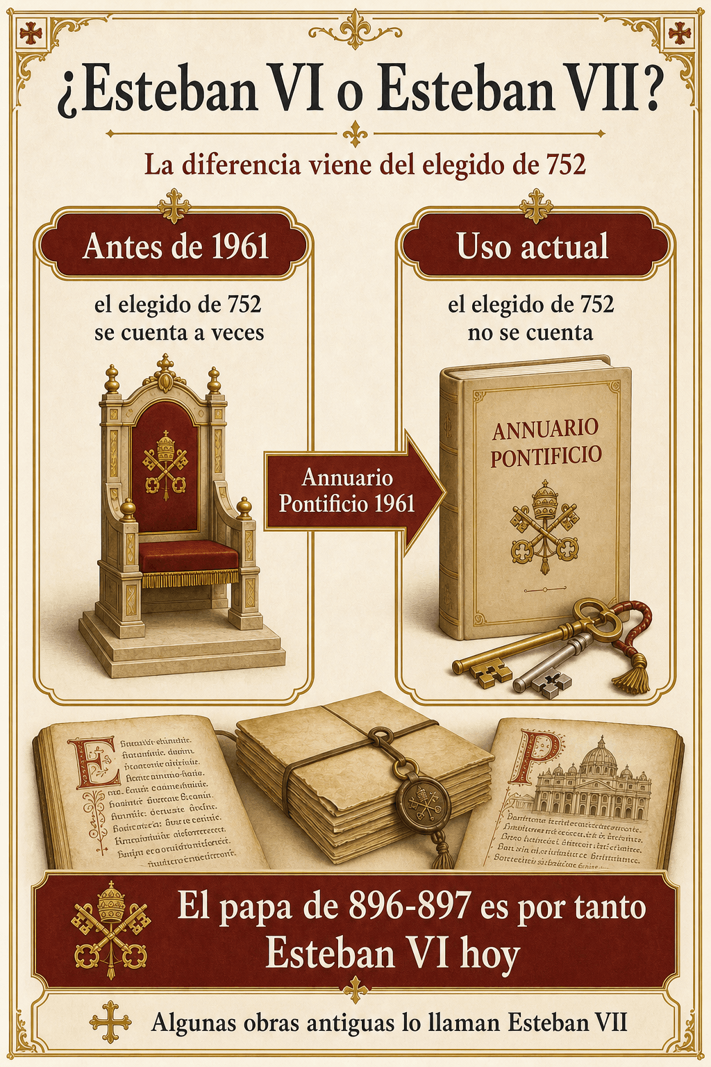 Infografía que explica por qué Esteban VI a veces es llamado Esteban VII en obras antiguas