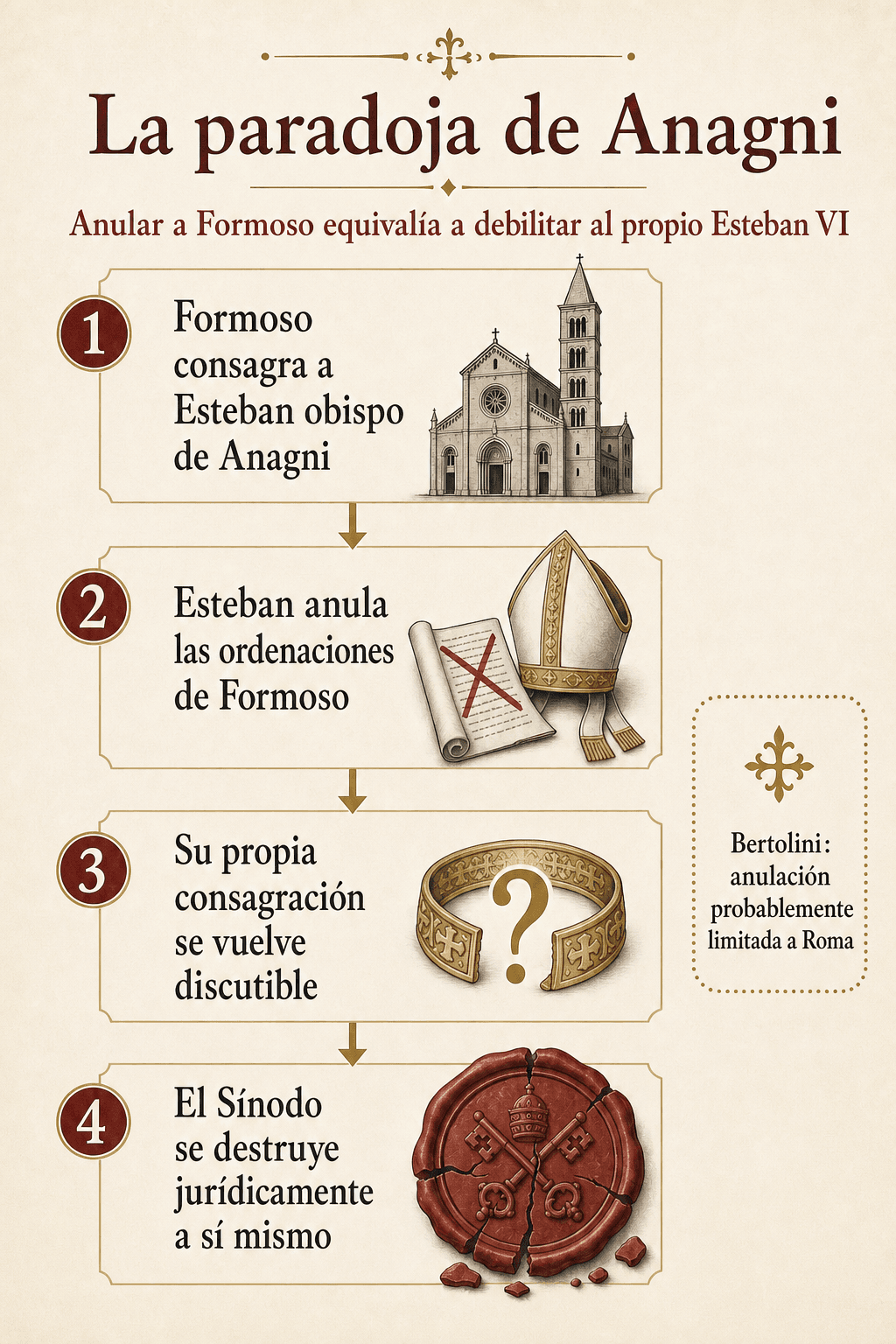 Infografía de la paradoja de Anagni: Formoso consagra a Esteban, luego Esteban anula las ordenaciones de Formoso