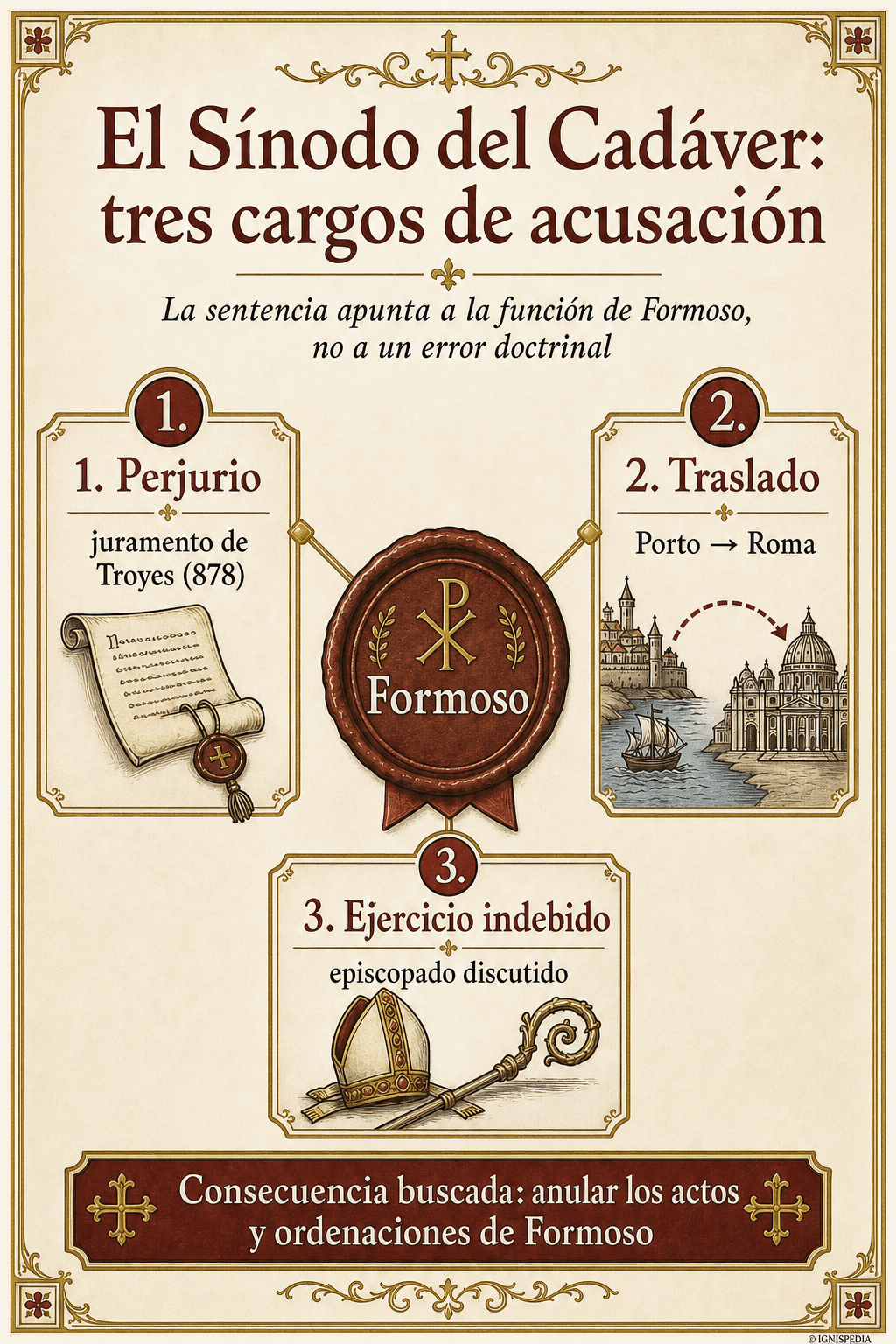 Infografía de los tres cargos del Sínodo del Cadáver contra Formoso