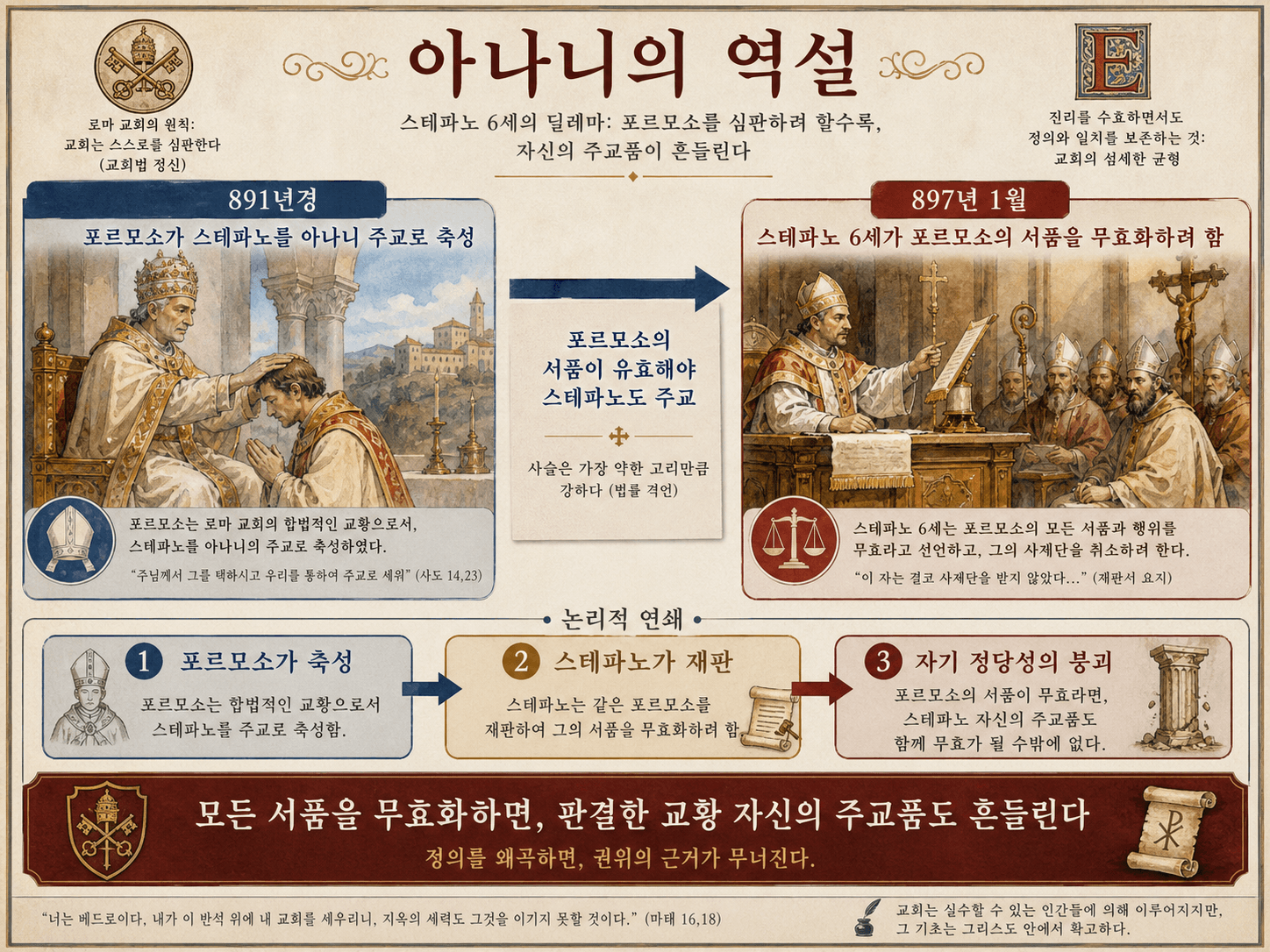 아나그니 역설 인포그래픽: 포르모수스가 스테파노를 서품하고, 스테파노가 포르모수스의 서품을 무효화함