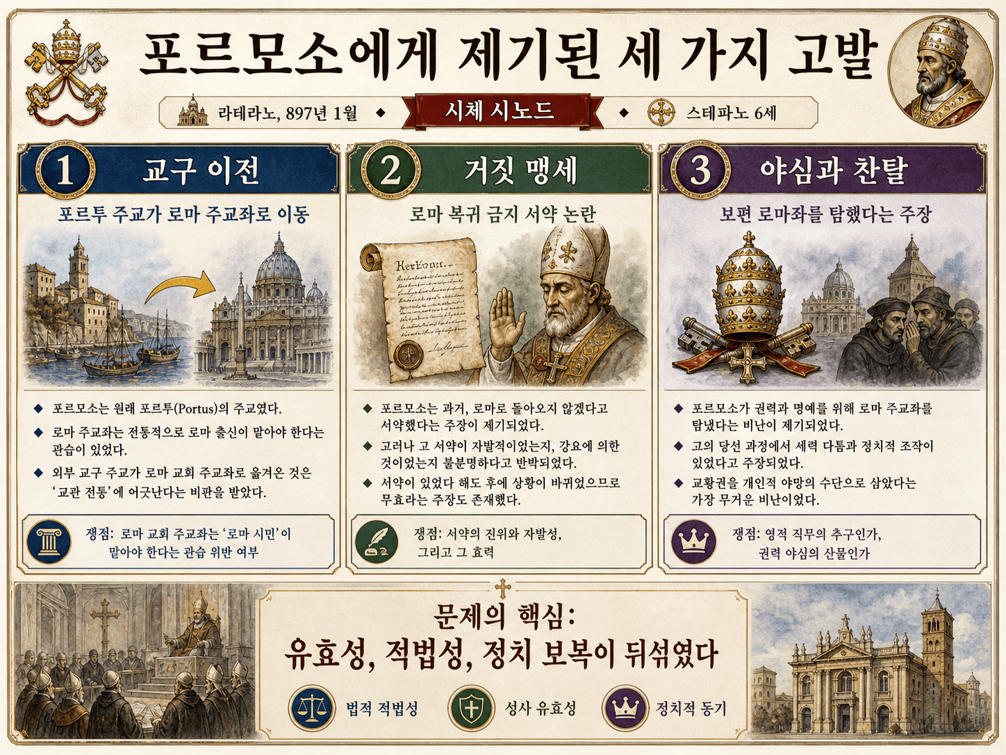 시체 공의회가 포르모수스에게 제기한 세 가지 혐의 인포그래픽