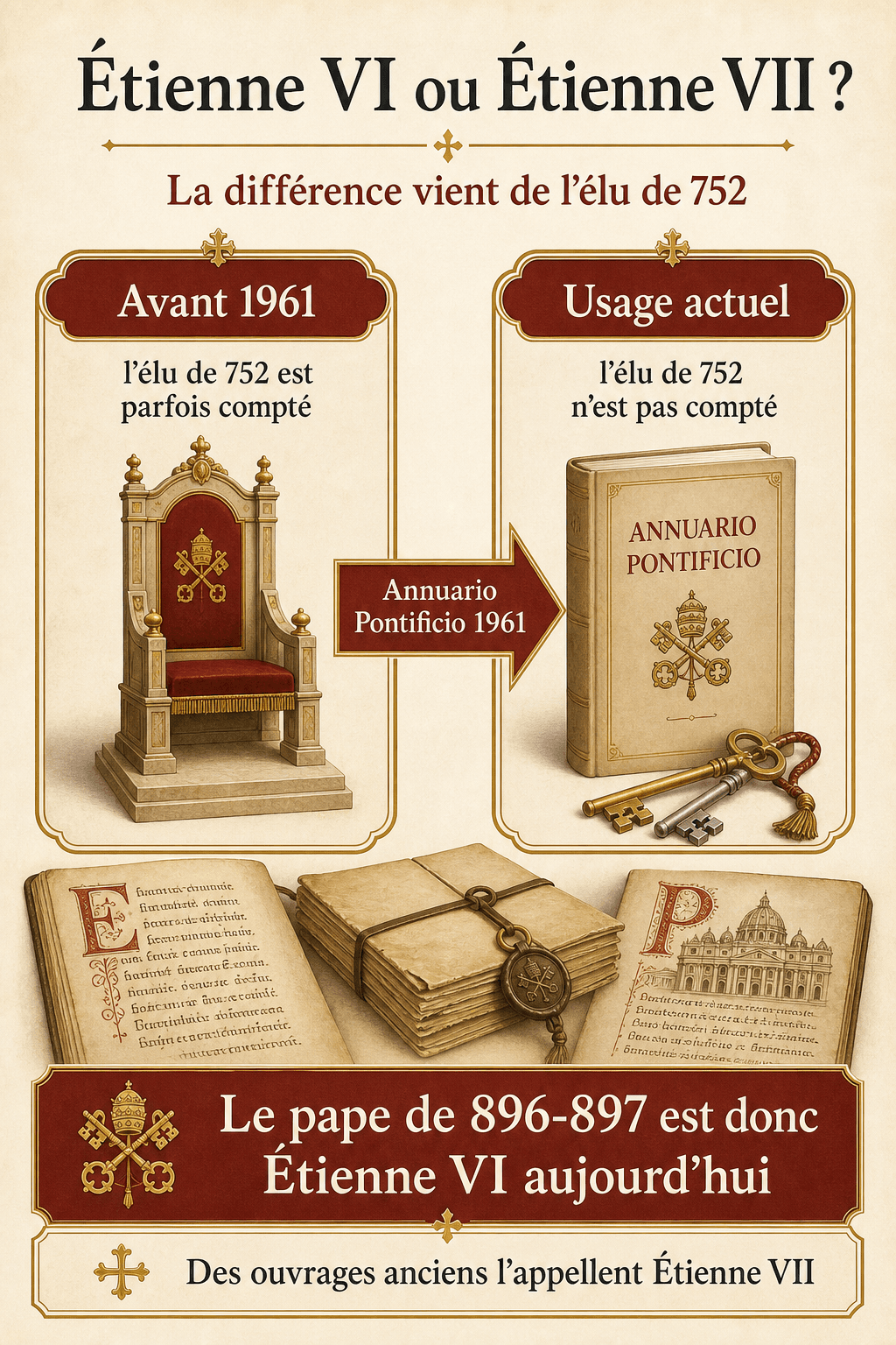 Infographie expliquant pourquoi Étienne VI est parfois appelé Étienne VII dans les ouvrages anciens
