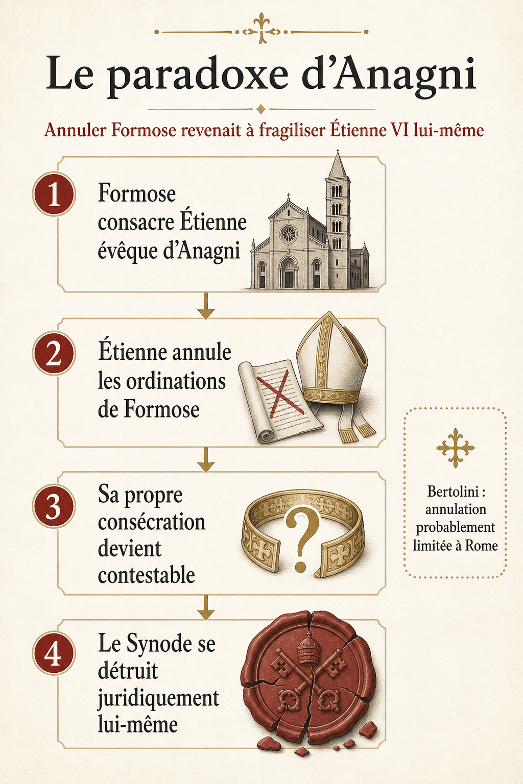 Infographie du paradoxe d'Anagni : Formose consacre Étienne, puis Étienne annule les ordinations de Formose