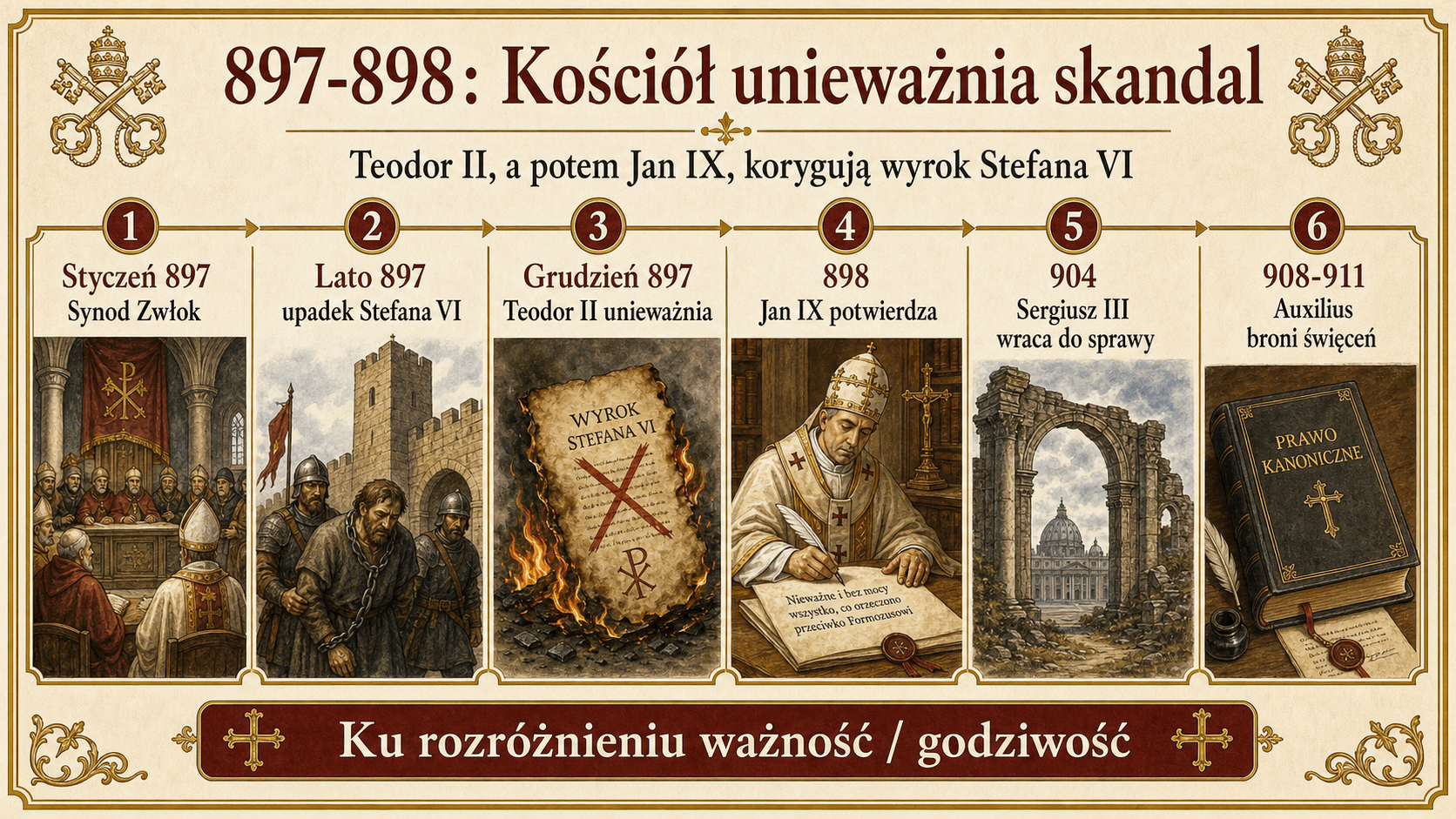 Infografika chronologiczna unieważnienia Synodu Zwłok między 897 a 898 rokiem