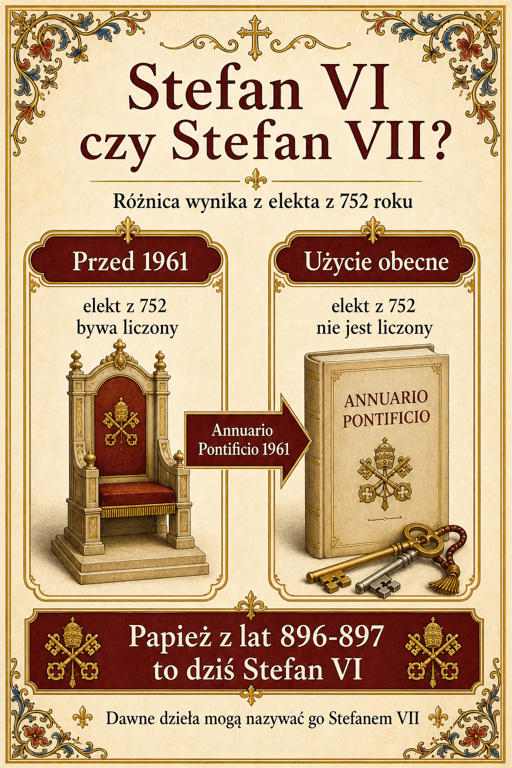 Infografika wyjaśniająca, dlaczego Stefan VI bywa nazywany Stefanem VII w starszych publikacjach