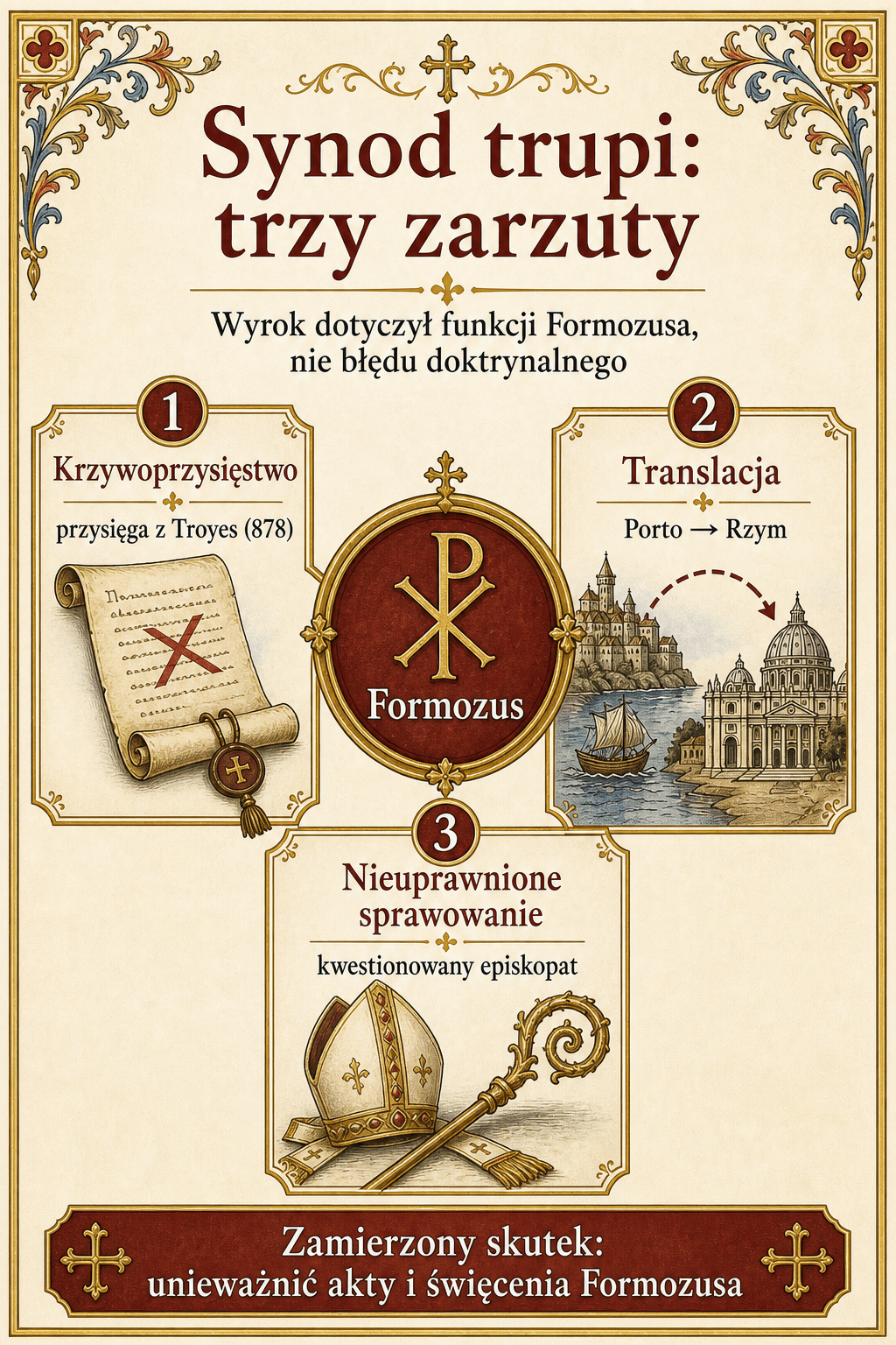 Infografika trzech zarzutów Synodu Zwłok przeciwko Formozie