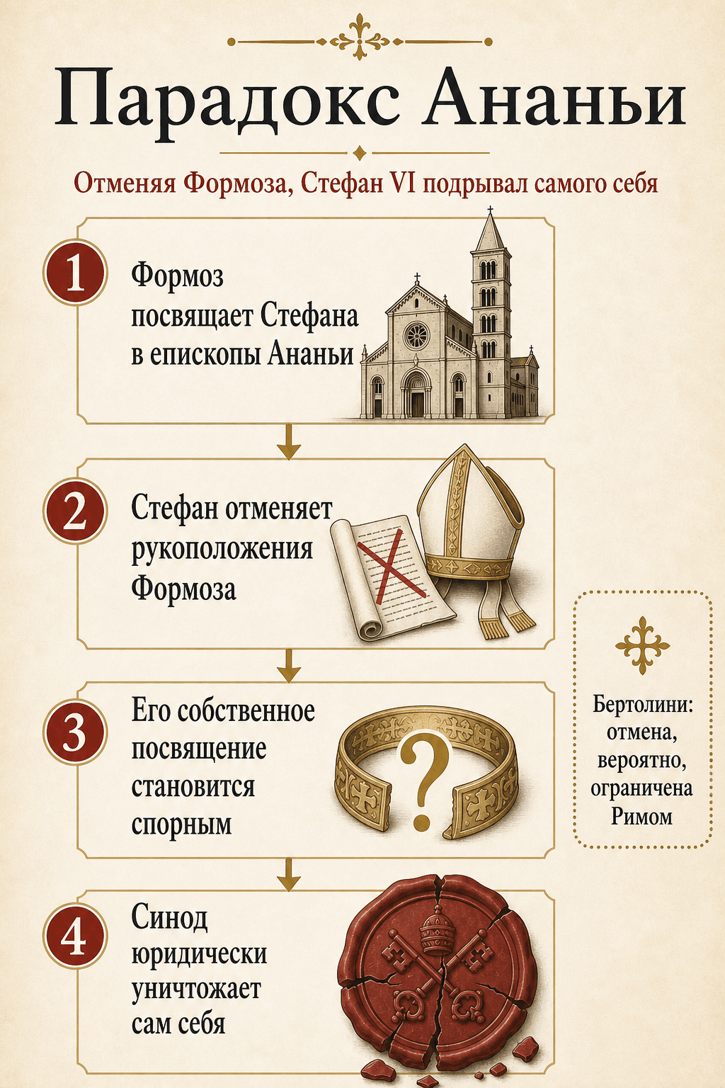 Инфографика парадокса Анагни: Формоз посвящает Стефана, затем Стефан аннулирует рукоположения Формоза