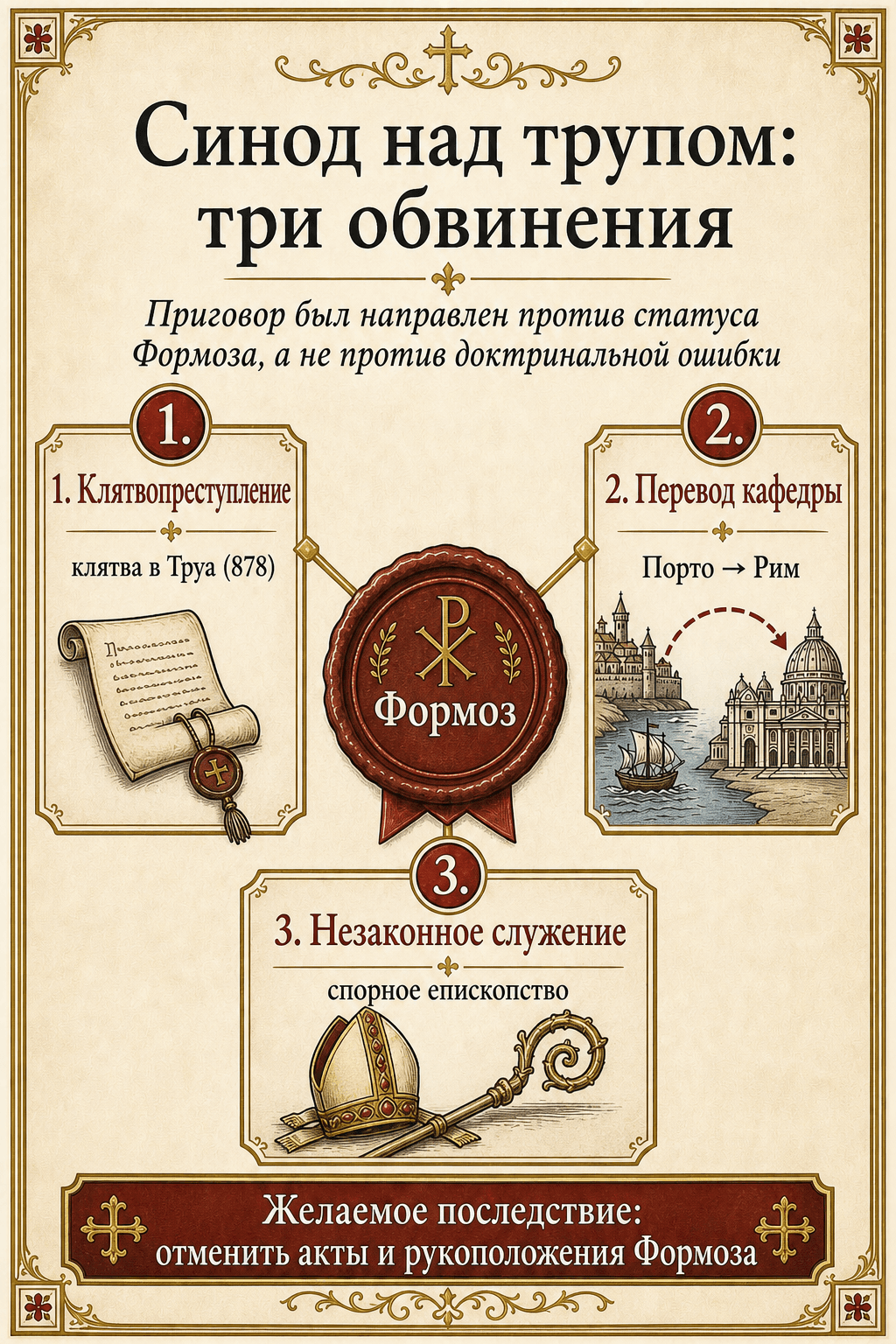 Инфографика трёх обвинений Синода Трупа против Формоза