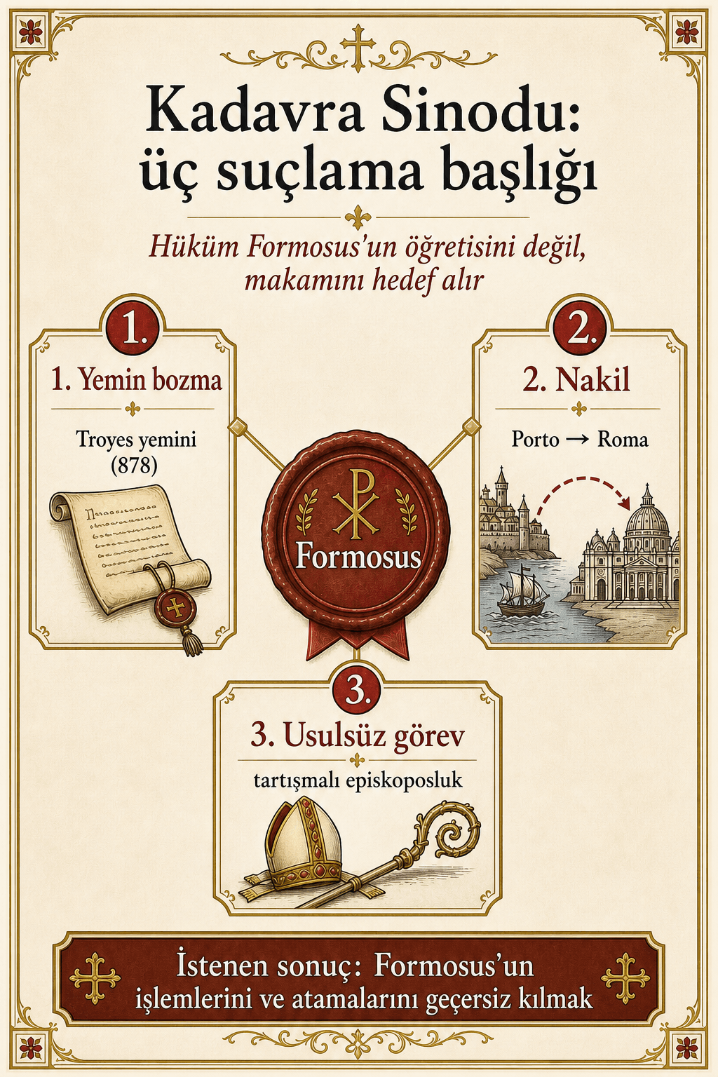 Formosus’a karşı Ceset Konsili’nin üç suçlama başlığı infografiği