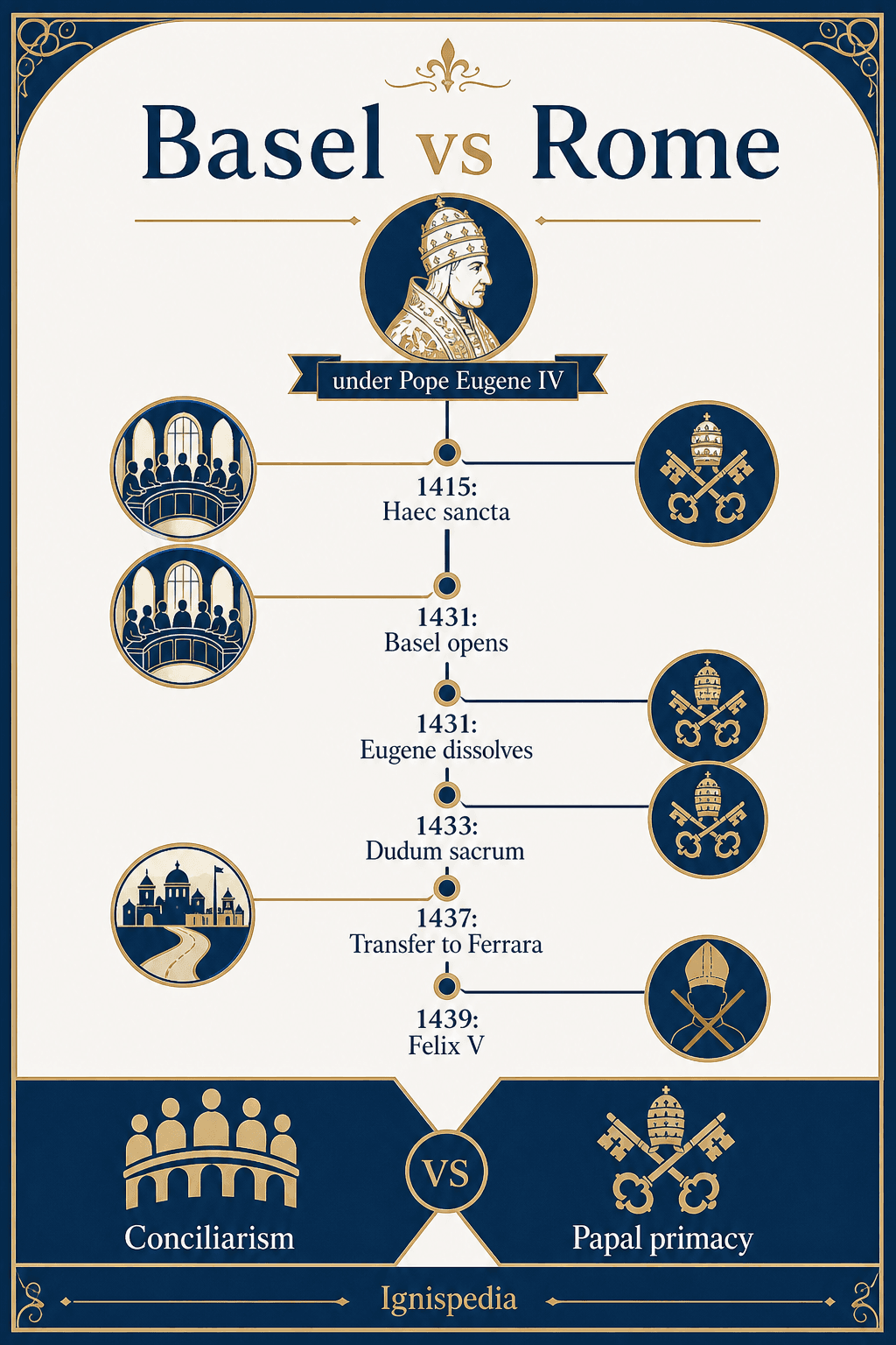 Ignispedia infographic on the conflict between the Council of Basel and Rome under Eugene IV: Haec sancta, opening of Basel, dissolution, retreat, transfer to Ferrara, and Felix V.