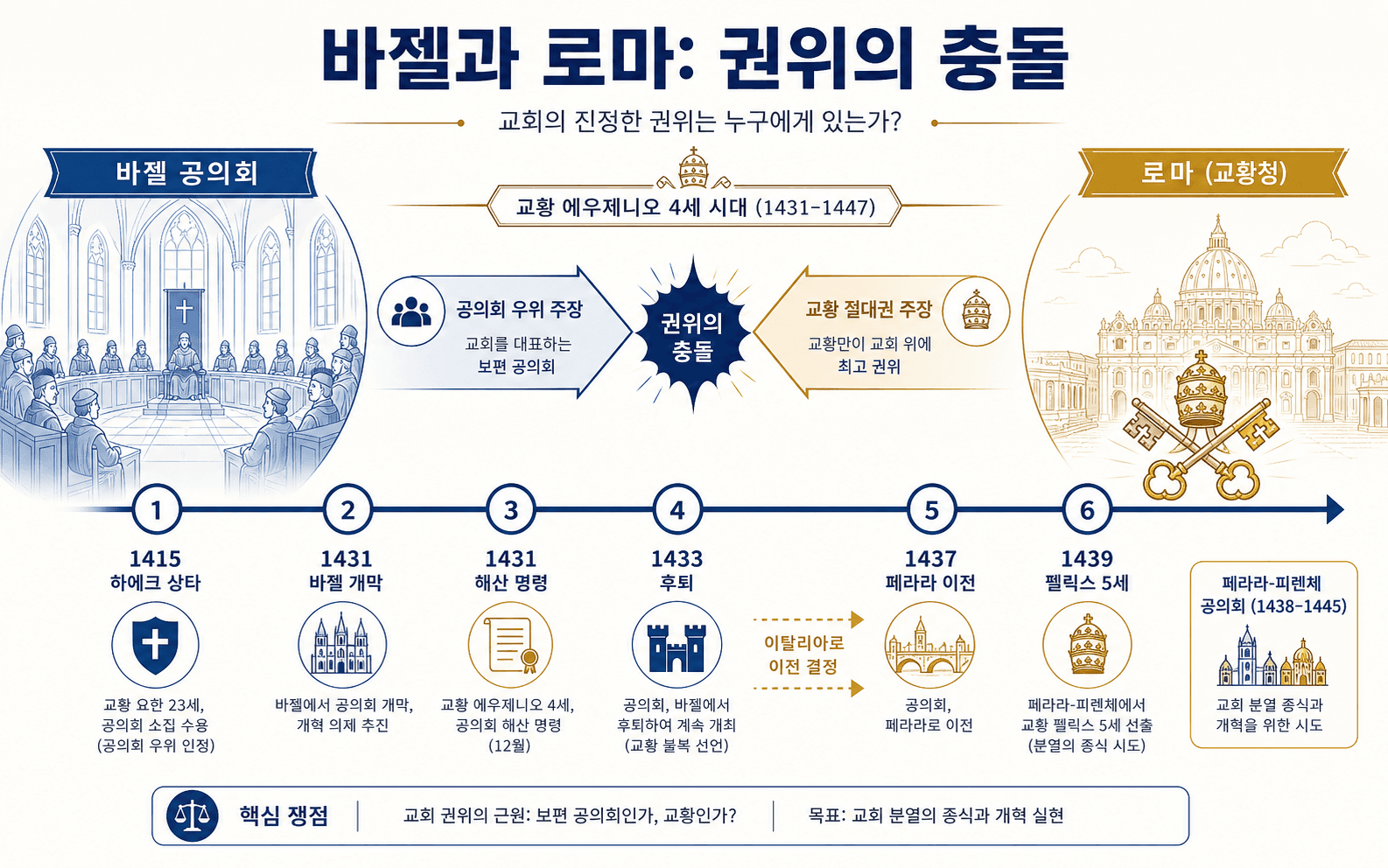 에우제니오 4세 시기 바젤 공의회와 로마 간 갈등에 관한 이그니스피디아 인포그래픽: Haec sancta, 바젤 개회, 해산, 후퇴, 페라라 이전, 펠릭스 5세.