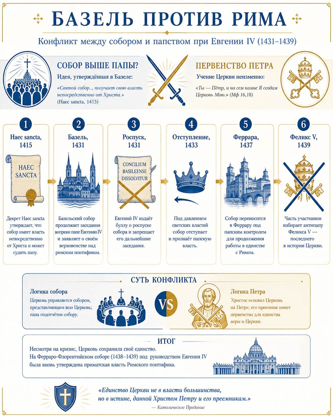 Инфографика Ignispedia о конфликте между Базельским собором и Римом при Евгении IV: Haec sancta, открытие Базеля, роспуск, отступление, перенос в Феррару и Феликс V.
