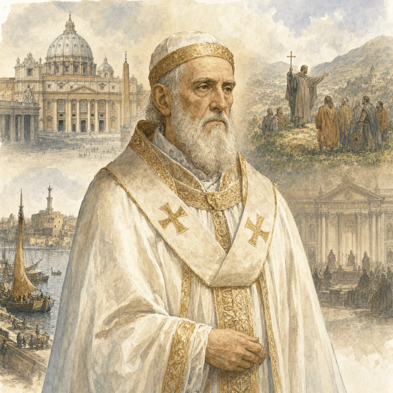 Traditionelles Aquarell mit Papst Formosus vor den wichtigsten Orten seiner Laufbahn