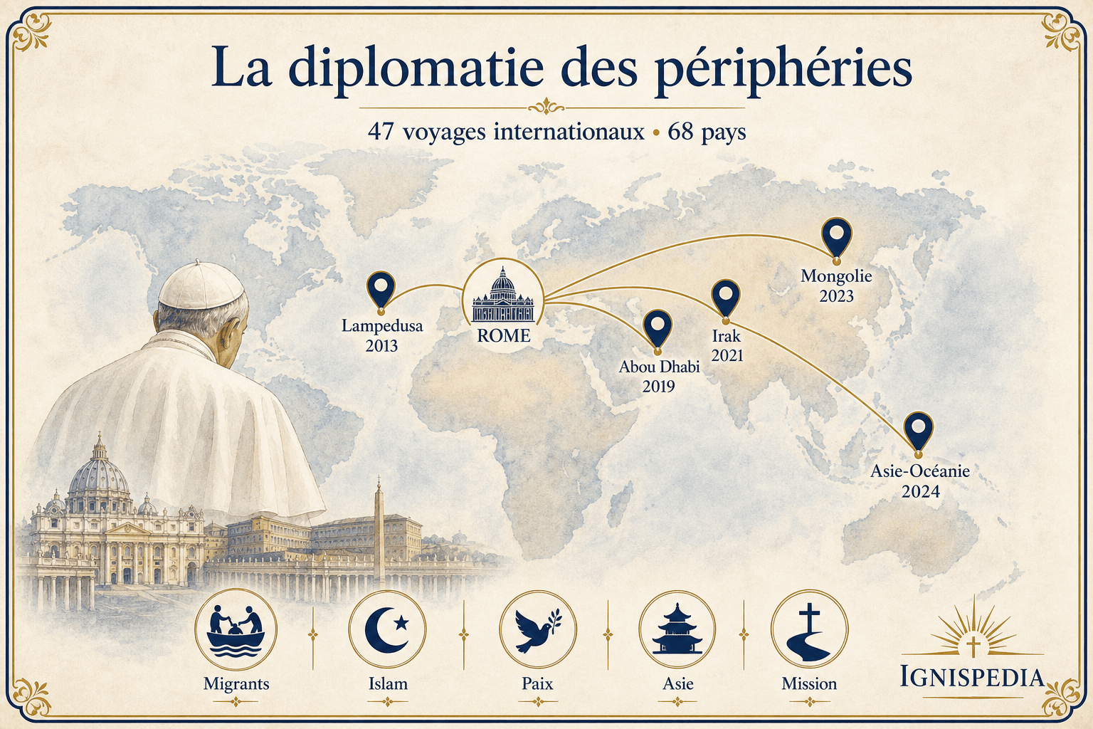 Carte illustrée des voyages apostoliques et de la diplomatie des périphéries sous François