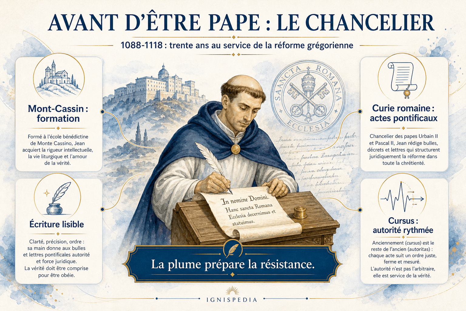 Infographie sur Jean de Gaète avant son pontificat : formation au Mont-Cassin, chancellerie romaine, écriture lisible et cursus