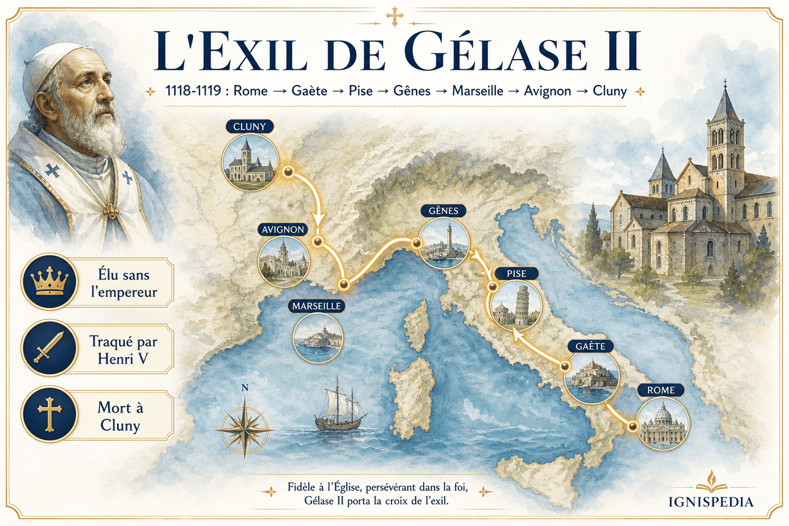 Carte infographique de l'exil de Gélase II entre Rome, Gaète, Pise, Gênes, Marseille, Avignon et Cluny