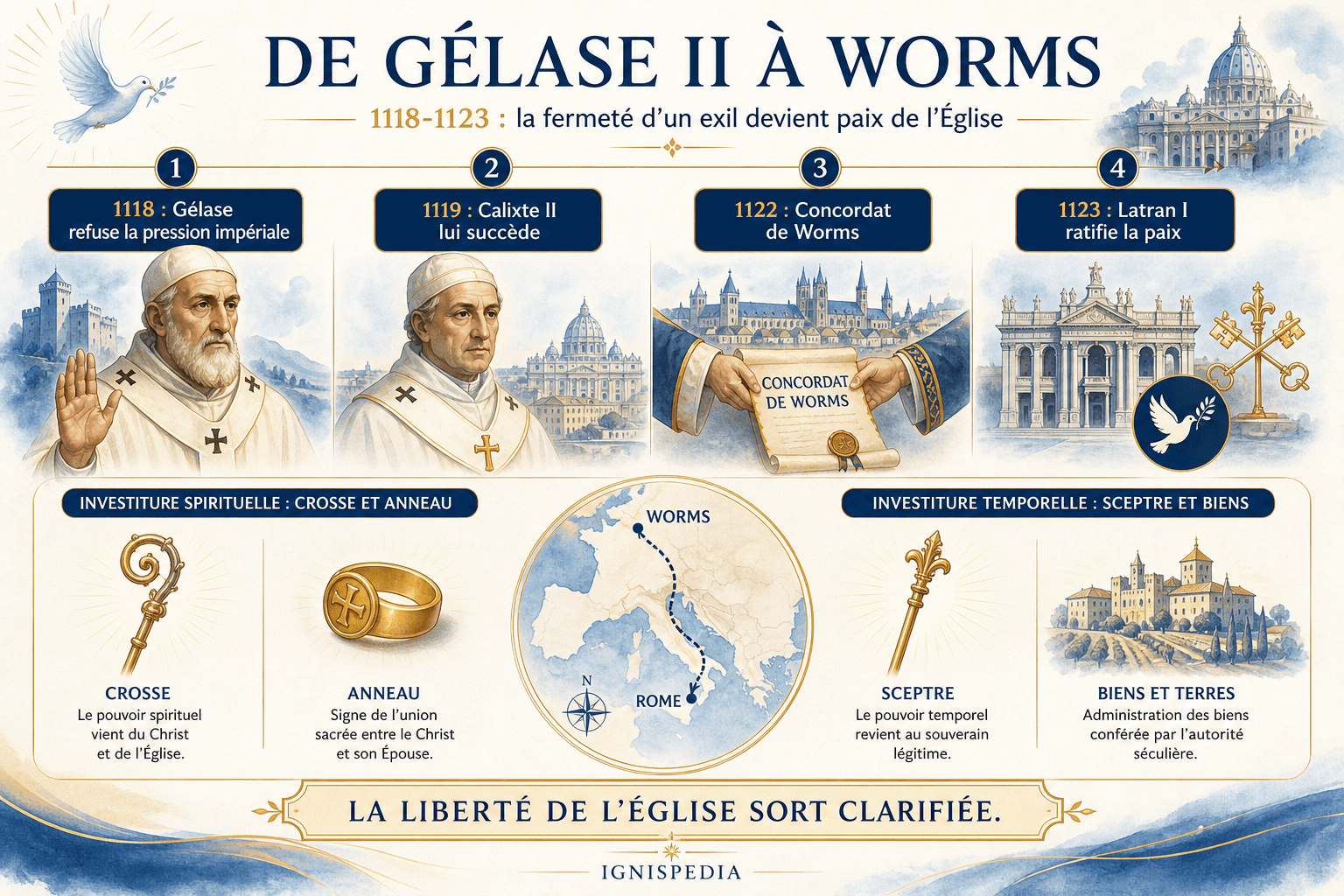 Infographie reliant la fermeté de Gélase II au pontificat de Calixte II, au concordat de Worms et au concile du Latran I