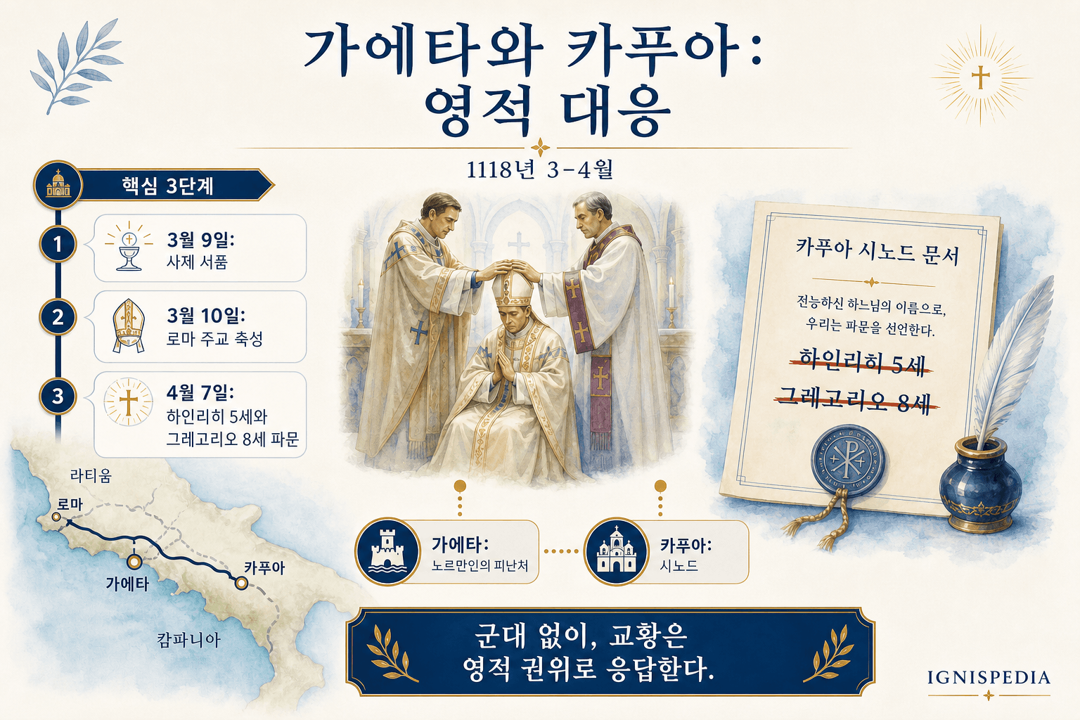 가에타와 카푸아에서 젤라시오 2세가 하인리히 5세와 그레고리오 8세를 서임, 축성, 파문하는 영적 대응 인포그래픽
