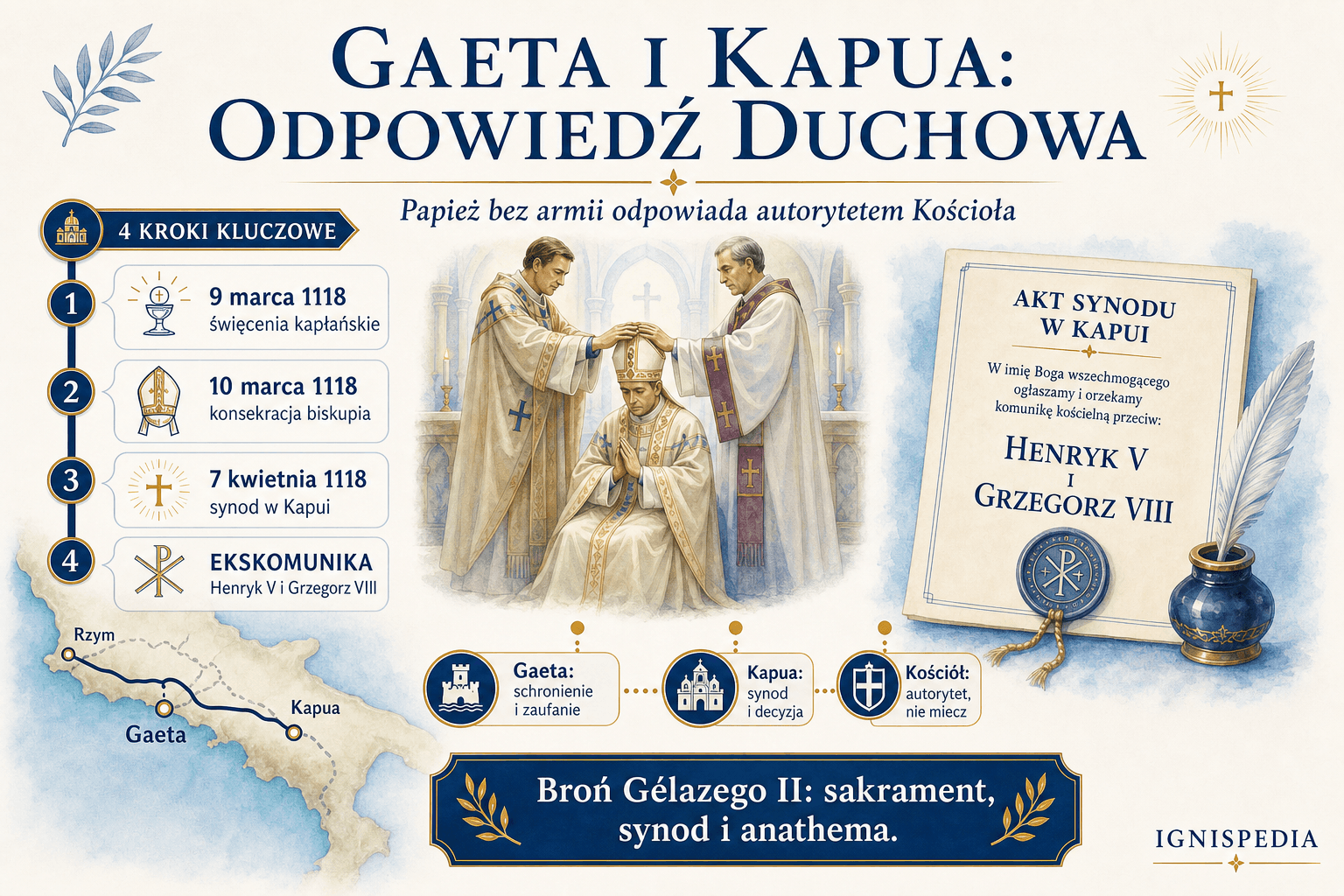 Polska infografika o duchowej odpowiedzi Gelazego II w Gaecie i Kapui: święcenia, konsekracja i ekskomunika Henryka V oraz Grzegorza VIII