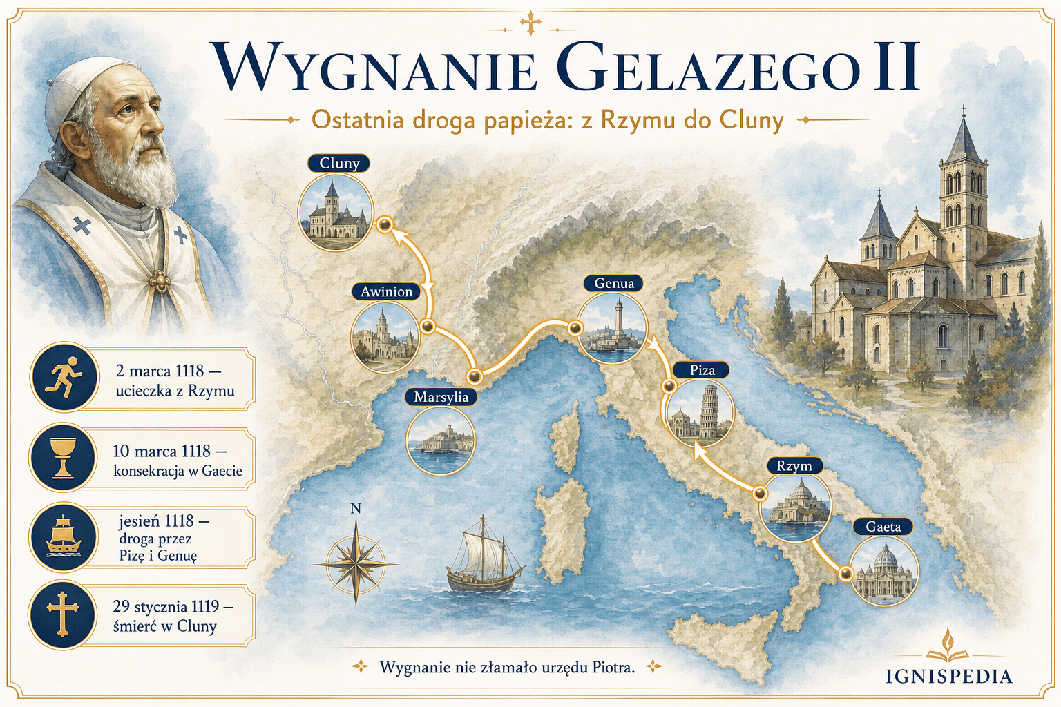 Polska mapa infograficzna wygnania Gelazego II między Rzymem, Gaetą, Pizą, Genuą, Marsylią, Awinionem i Cluny